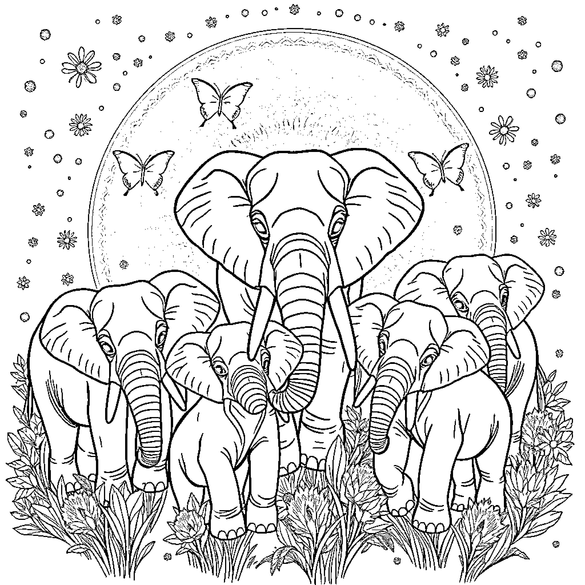 Elephant herd in a serene landscape Coloring Page (free black-and-white line drawing printable PDF for all, from beginners to advanced learners, including children, teens, adults, and seniors)