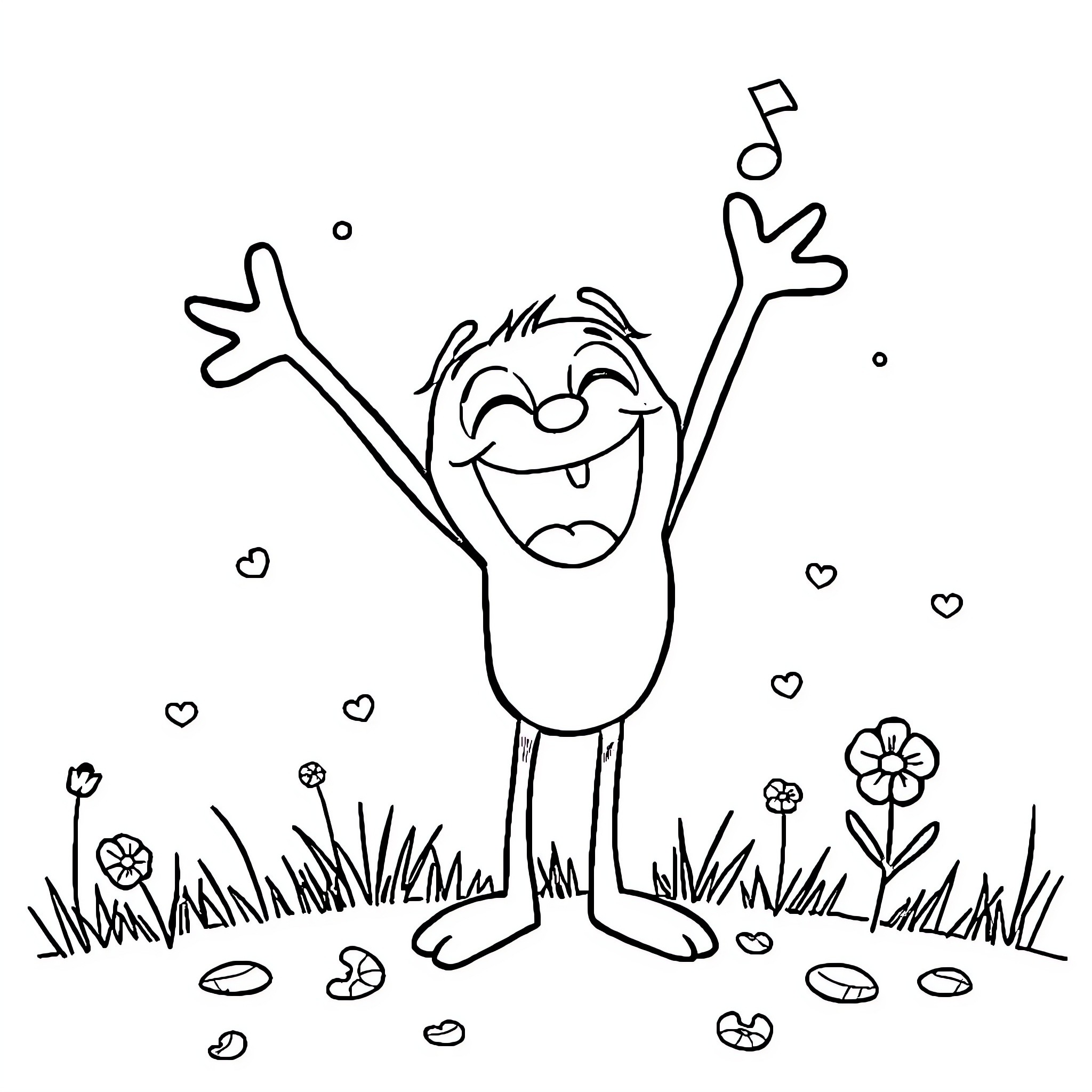 Plinplin's joyful dance in the whimsical meadow Coloring Page (free black-and-white line drawing printable PDF for all, from beginners to advanced learners, including children, teens, adults, and seniors)