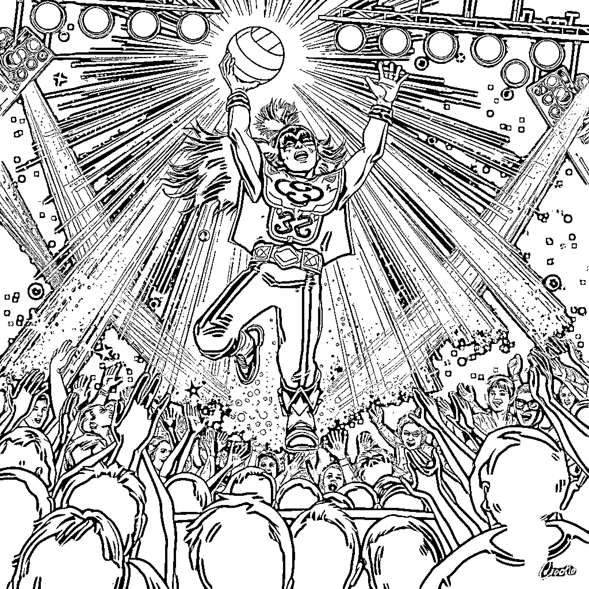 John 5 Rock Star Performing on Stage Coloring Page (free black-and-white line drawing printable PDF for all, from beginners to advanced learners, including children, teens, adults, and seniors)
