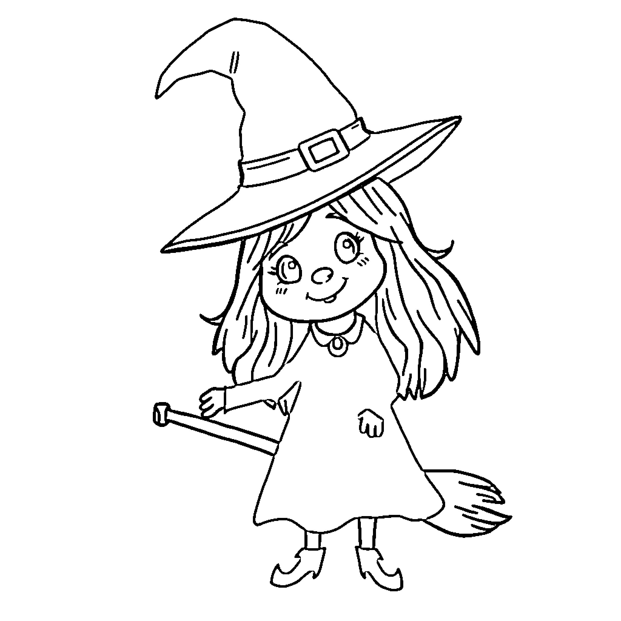 Witch casting a spell with her wand Coloring Page (free black-and-white line drawing printable PDF for all, from beginners to advanced learners, including children, teens, adults, and seniors)