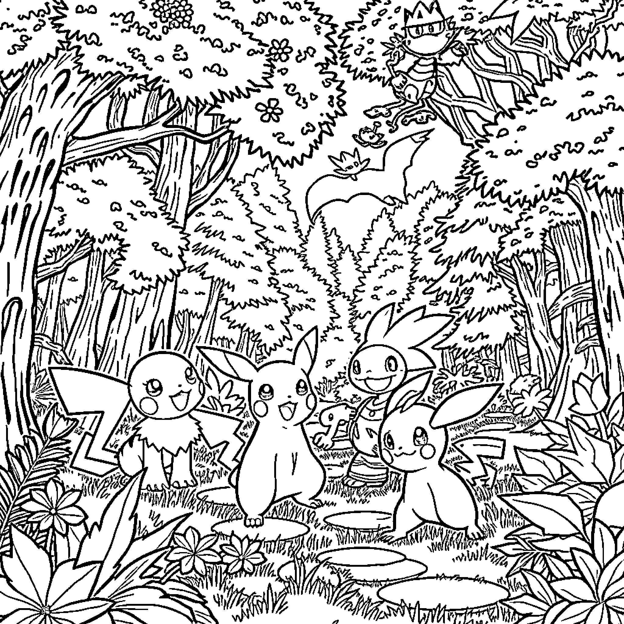 Pokémon Characters Exploring the Enchanted Forest Coloring Page (free black-and-white line drawing printable PDF for all, from beginners to advanced learners, including children, teens, adults, and seniors)
