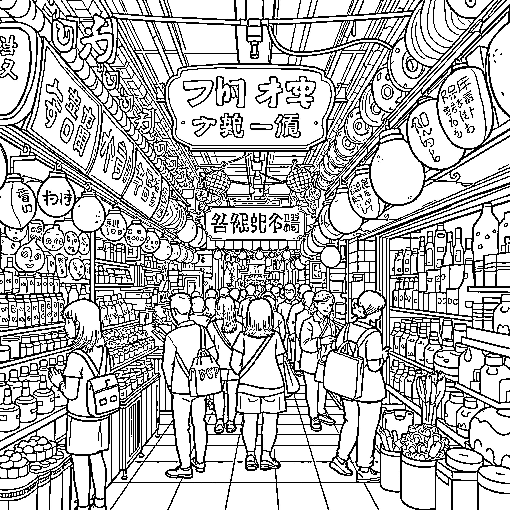 Don Don Donki - Bustling Japanese Discount Supermarket Coloring Page (free black-and-white line drawing printable PDF for all, from beginners to advanced learners, including children, teens, adults, and seniors)
