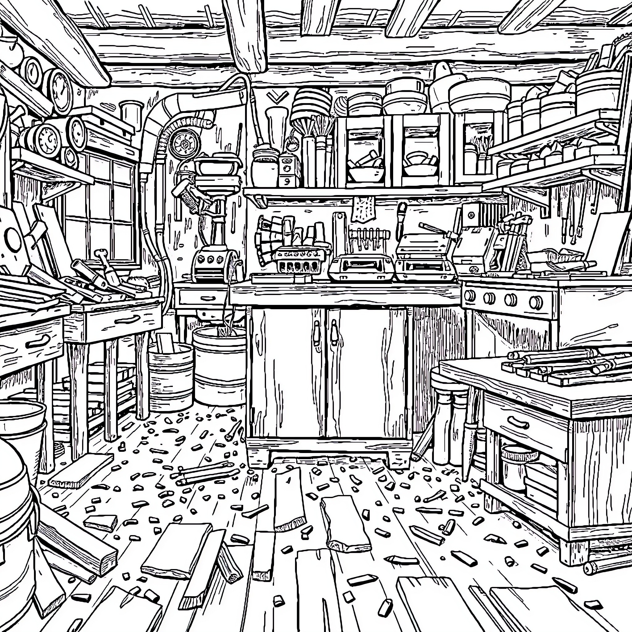 Cabinet in a Cluttered Mechanic's Workshop Coloring Page (free black-and-white line drawing printable PDF for all, from beginners to advanced learners, including children, teens, adults, and seniors)