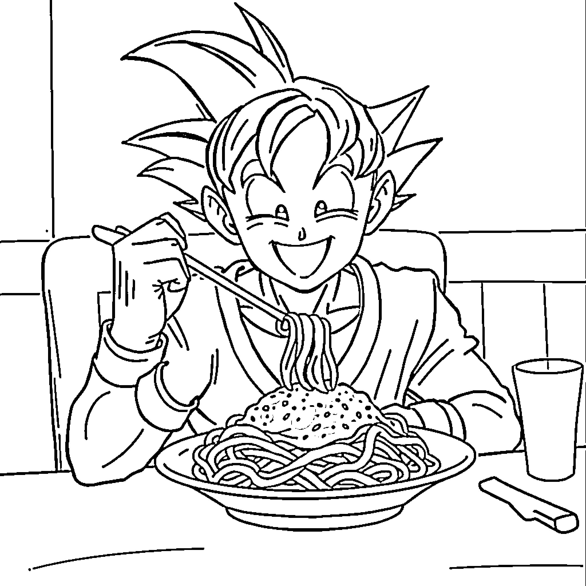 Goku Black enjoying a hearty meal Coloring Page (free black-and-white line drawing printable PDF for all, from beginners to advanced learners, including children, teens, adults, and seniors)
