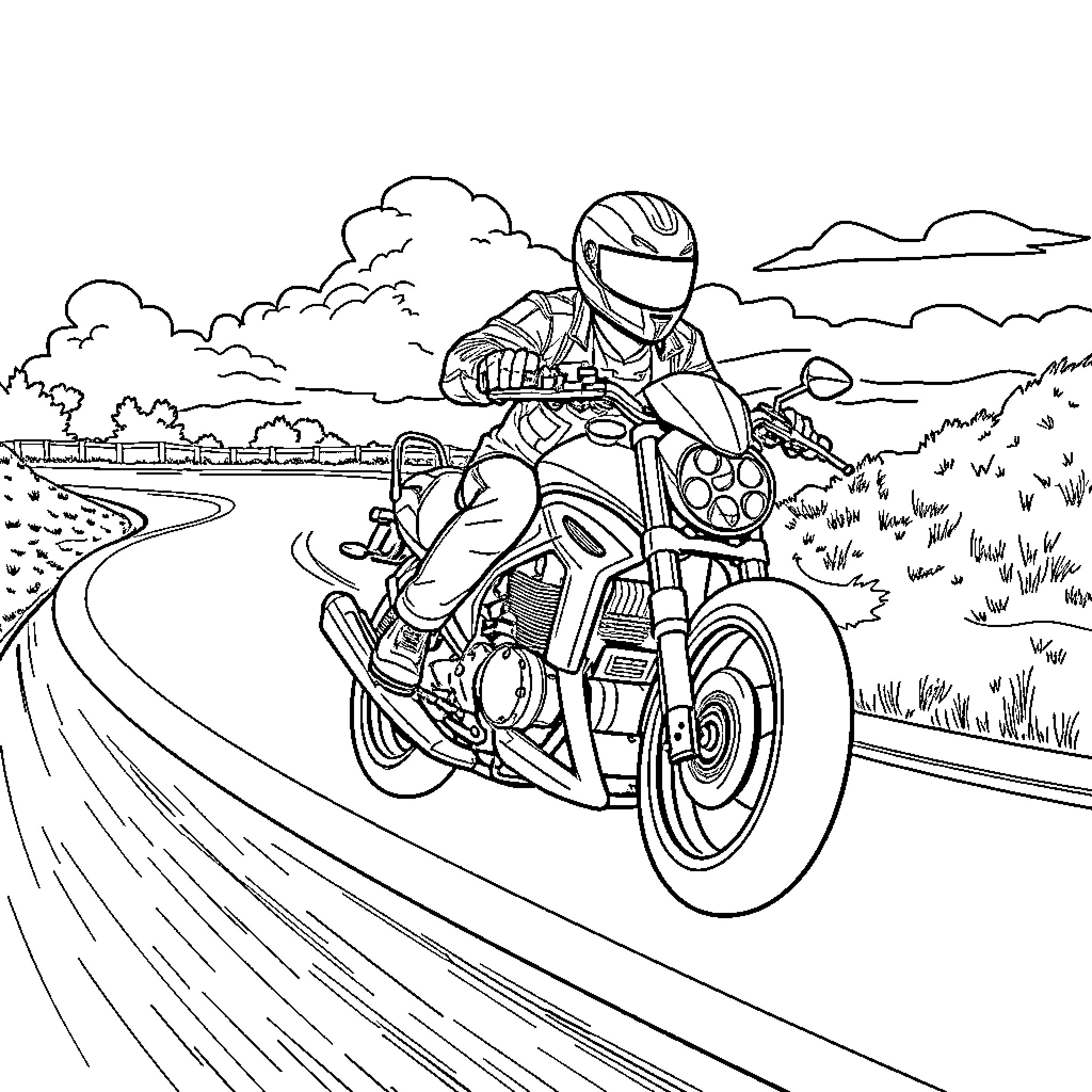 Jax Racing Through the Countryside on a Motorcycle Coloring Page (free black-and-white line drawing printable PDF for all, from beginners to advanced learners, including children, teens, adults, and seniors)