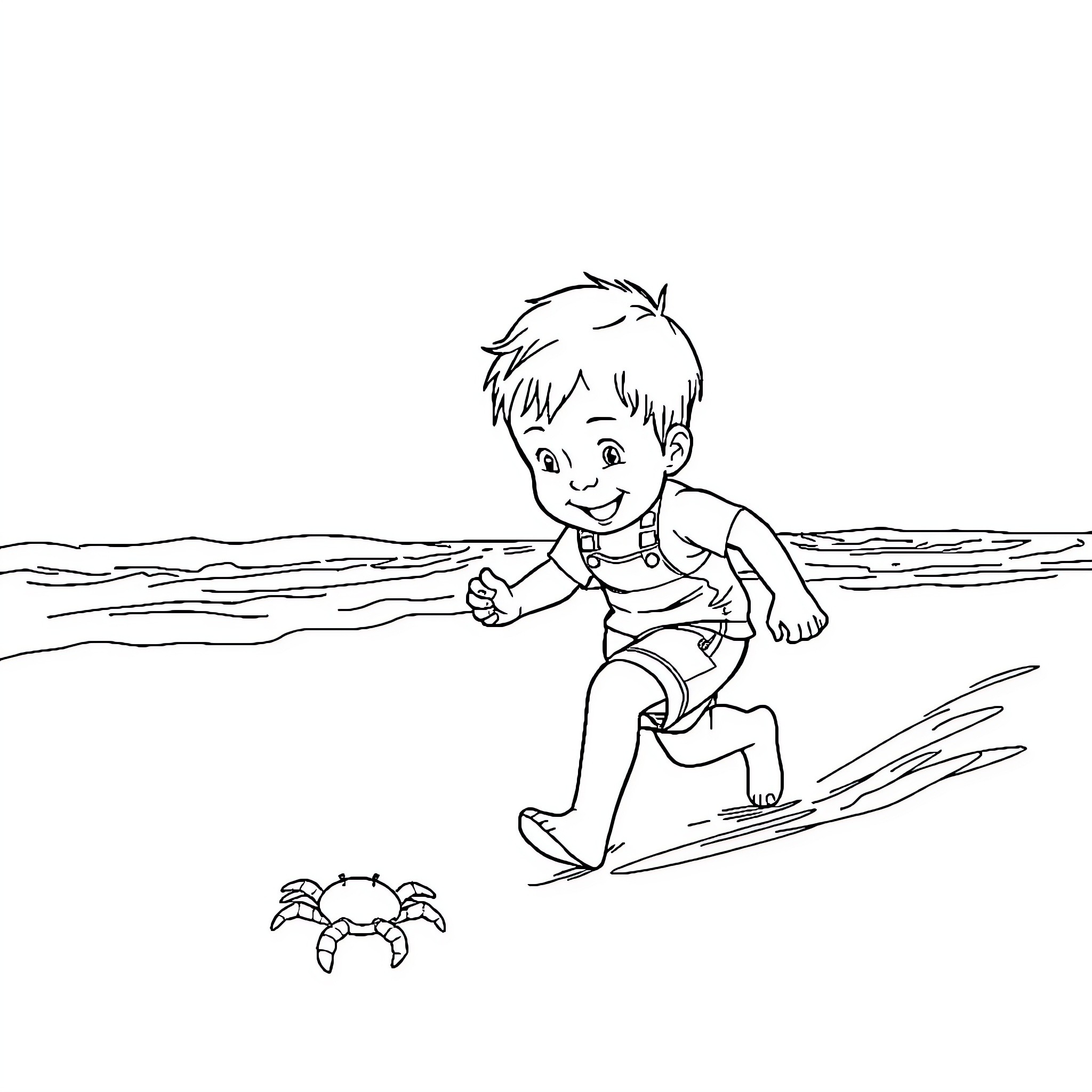 Boy surfing the waves with a crab Coloring Page (free black-and-white line drawing printable PDF for all, from beginners to advanced learners, including children, teens, adults, and seniors)