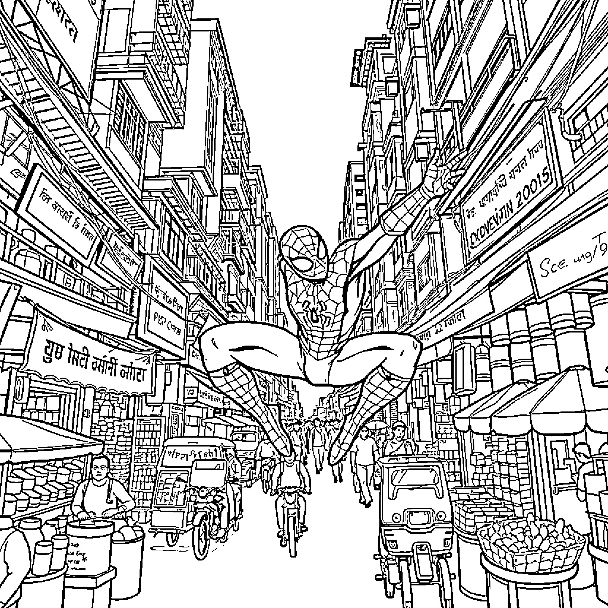 Spider-Man swinging through a bustling city street Coloring Page (free black-and-white line drawing printable PDF for all, from beginners to advanced learners, including children, teens, adults, and seniors)