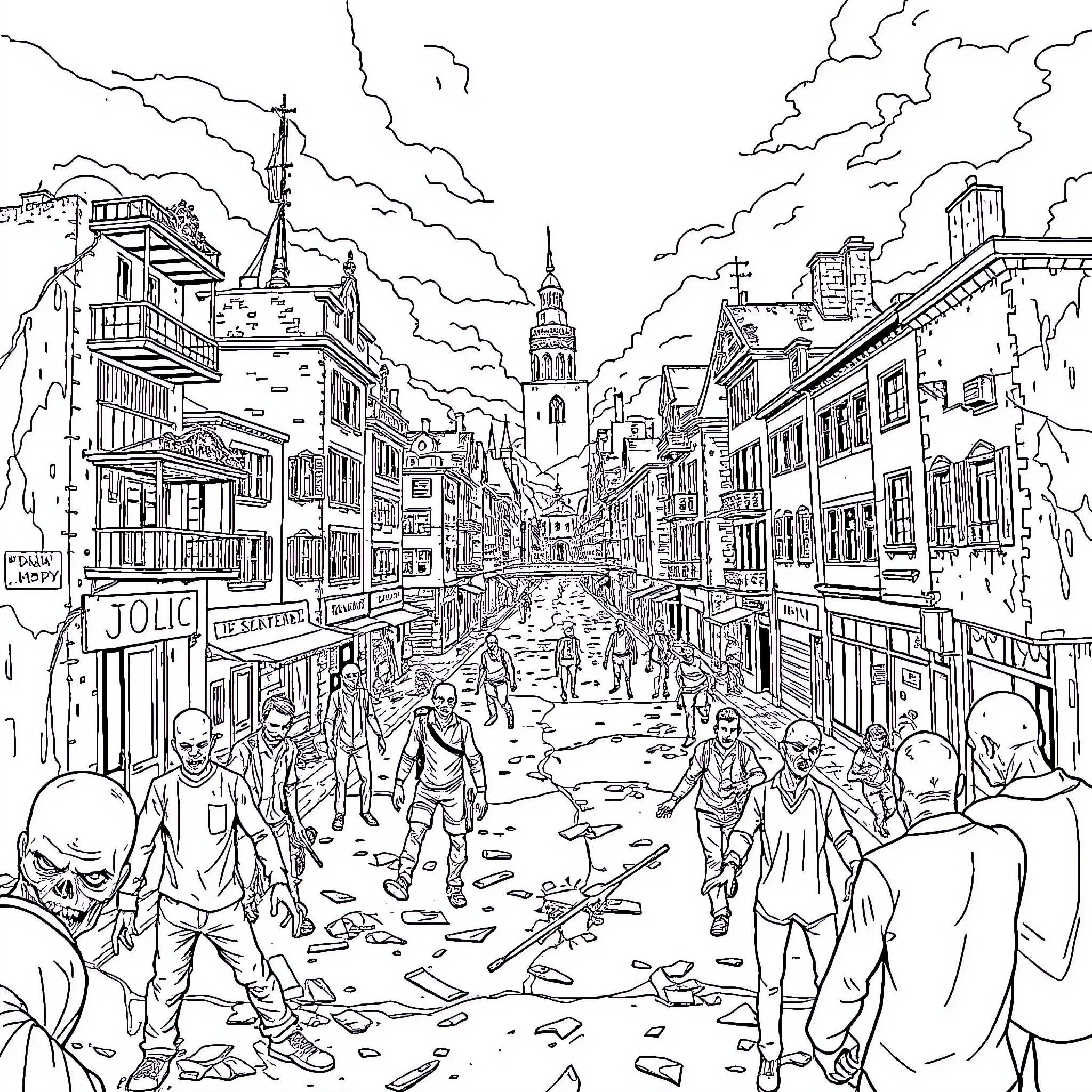Zombie apocalypse in a damaged urban city Coloring Page (free black-and-white line drawing printable PDF for all, from beginners to advanced learners, including children, teens, adults, and seniors)