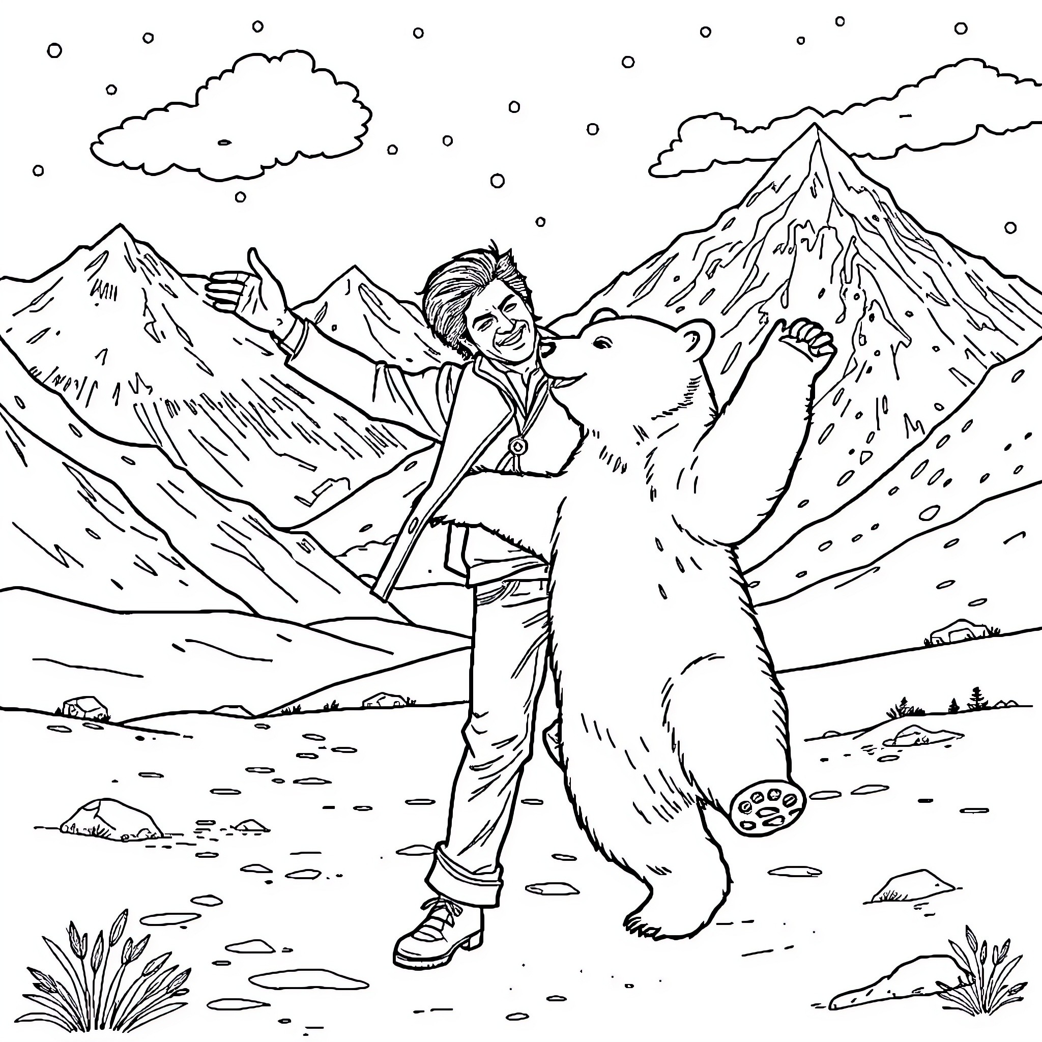Sharukh Khan's thrilling encounter with a polar bear in the snowy mountains Coloring Page (free black-and-white line drawing printable PDF for all, from beginners to advanced learners, including children, teens, adults, and seniors)