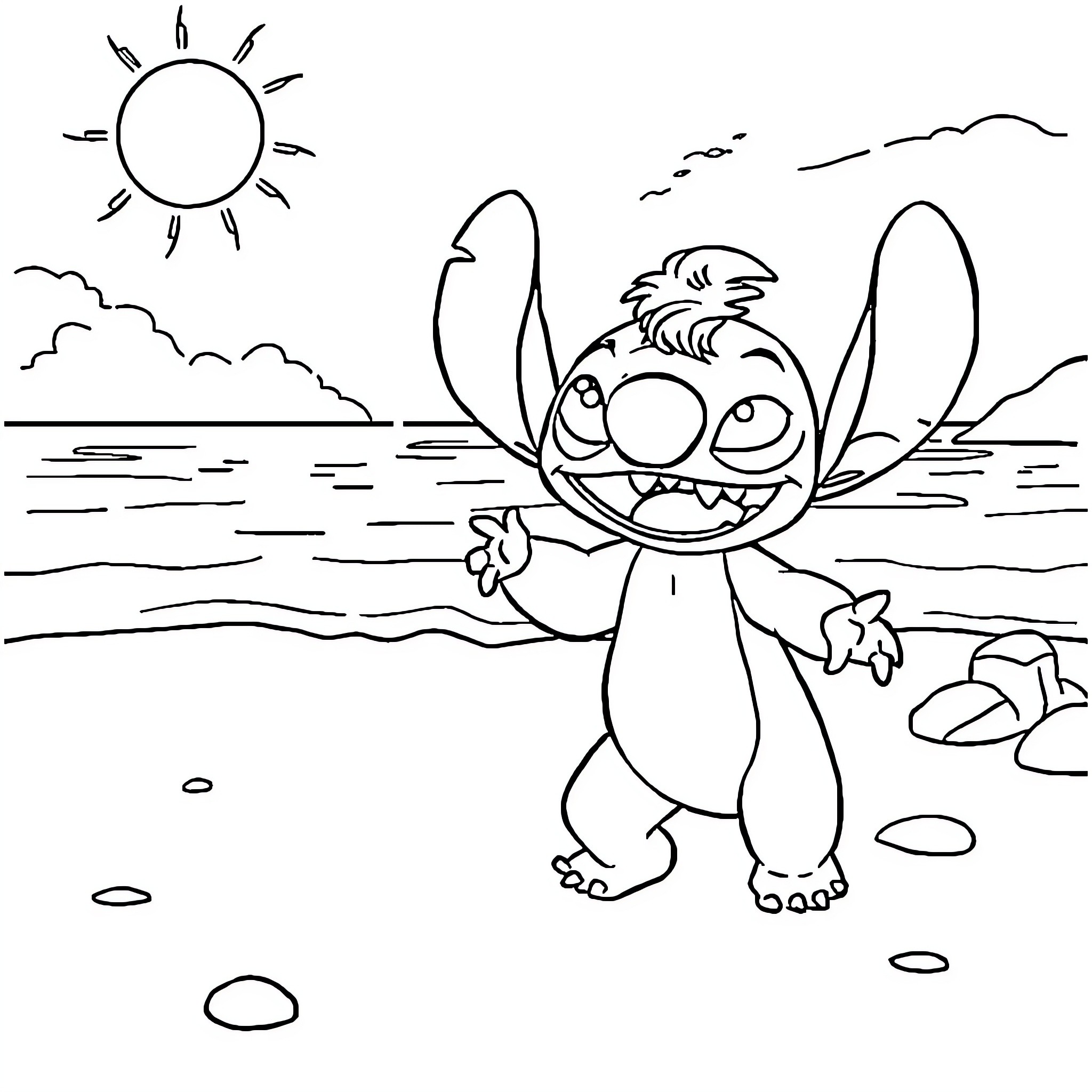 Stitch enjoying a sunny beach day Coloring Page (free black-and-white line drawing printable PDF for all, from beginners to advanced learners, including children, teens, adults, and seniors)