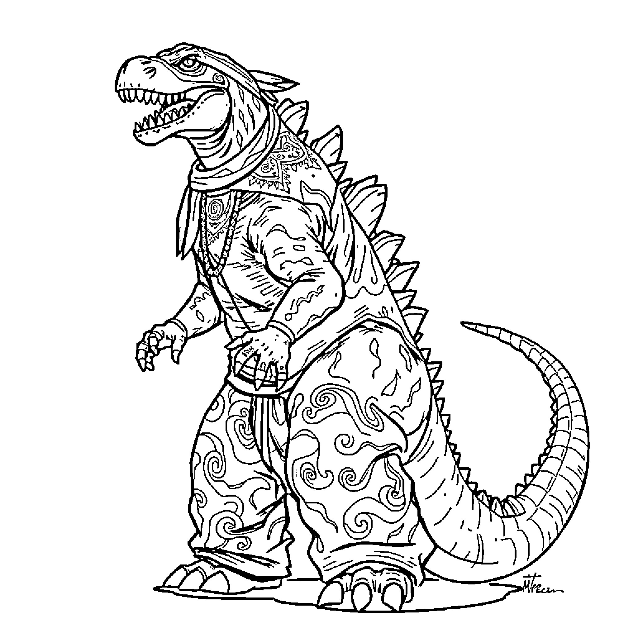Godzilla stomping in decorative outfit Coloring Page (free black-and-white line drawing printable PDF for all, from beginners to advanced learners, including children, teens, adults, and seniors)