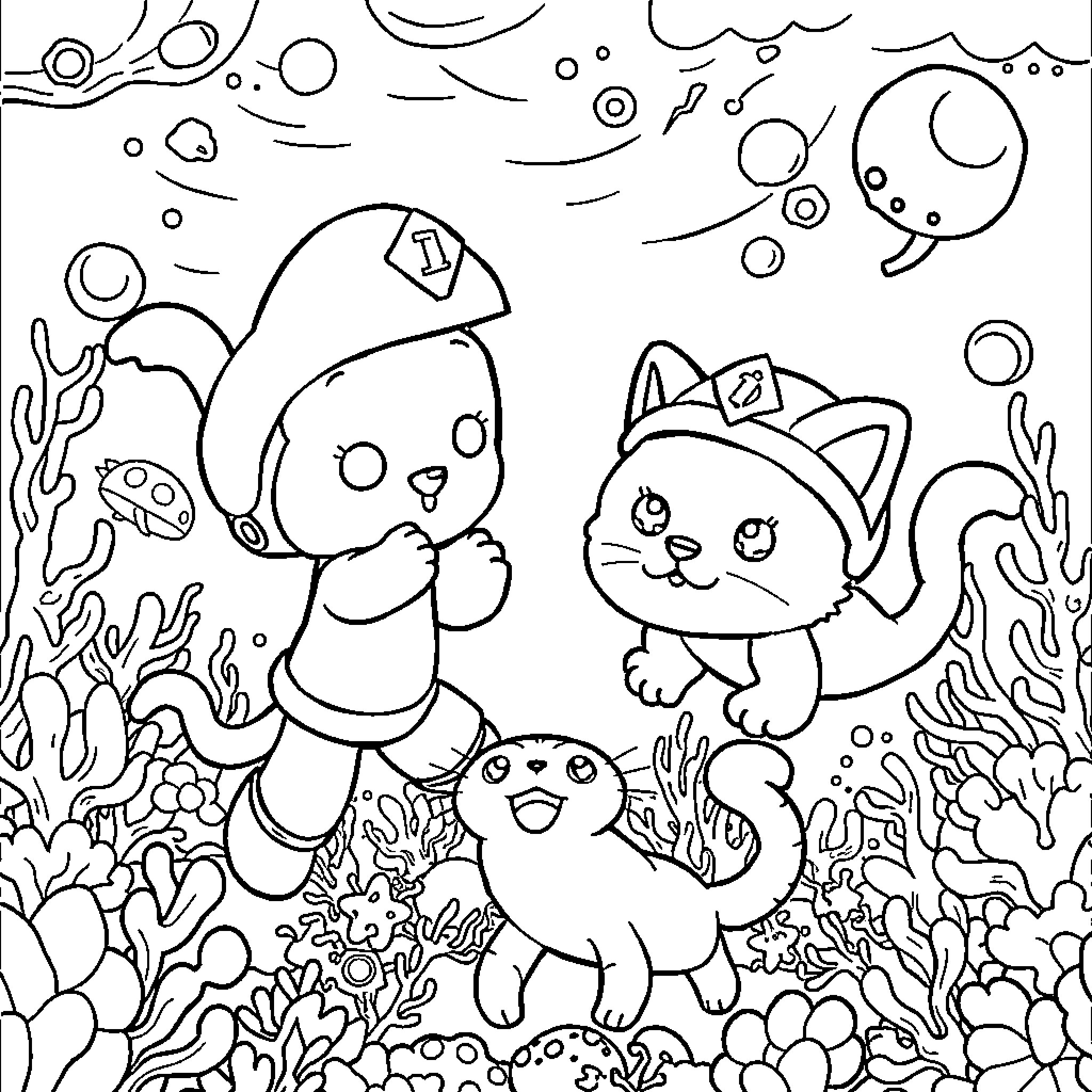 Octonaut characters exploring underwater world Coloring Page (free black-and-white line drawing printable PDF for all, from beginners to advanced learners, including children, teens, adults, and seniors)
