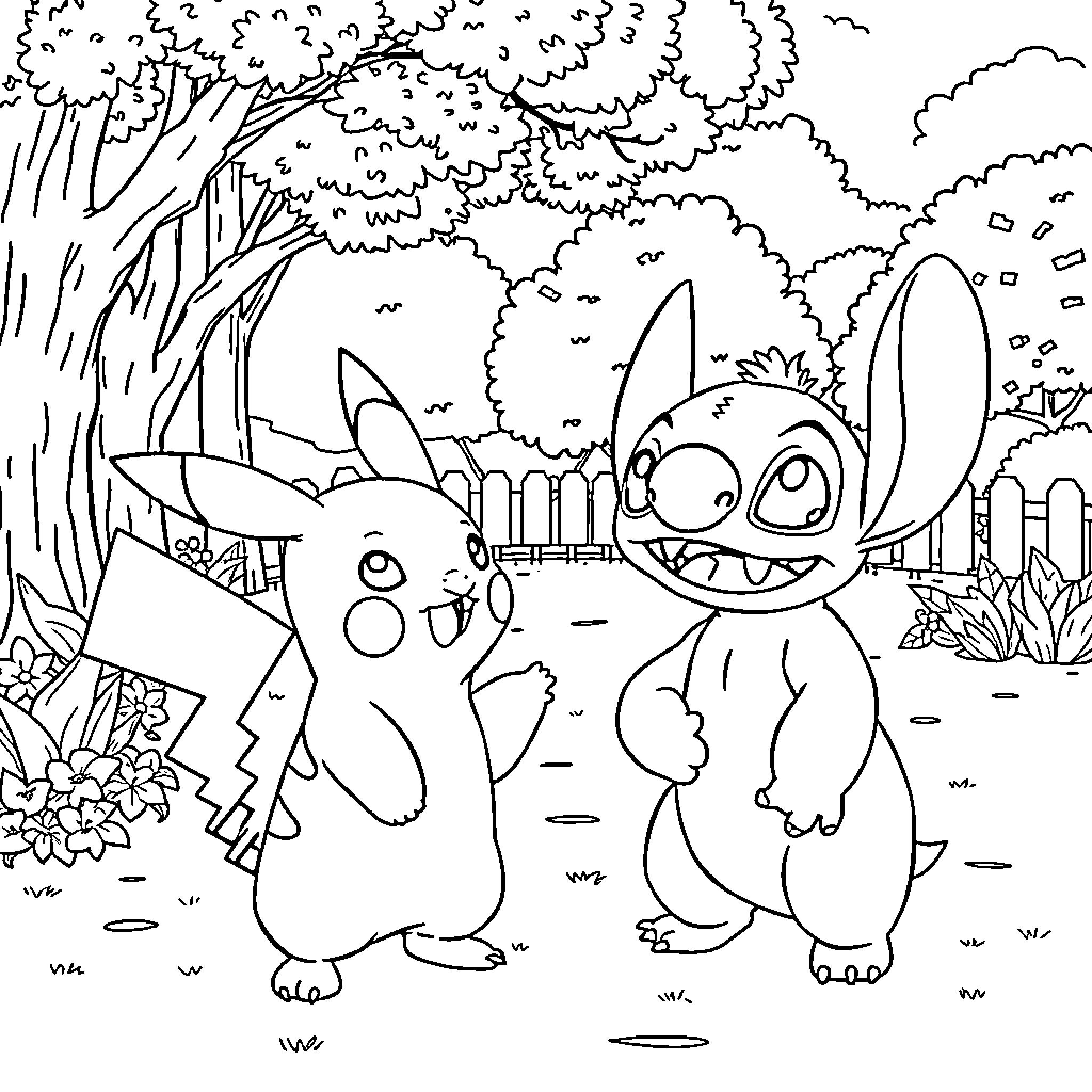 Pikachu and Stitch's Playful Adventure in the Forest Coloring Page (free black-and-white line drawing printable PDF for all, from beginners to advanced learners, including children, teens, adults, and seniors)