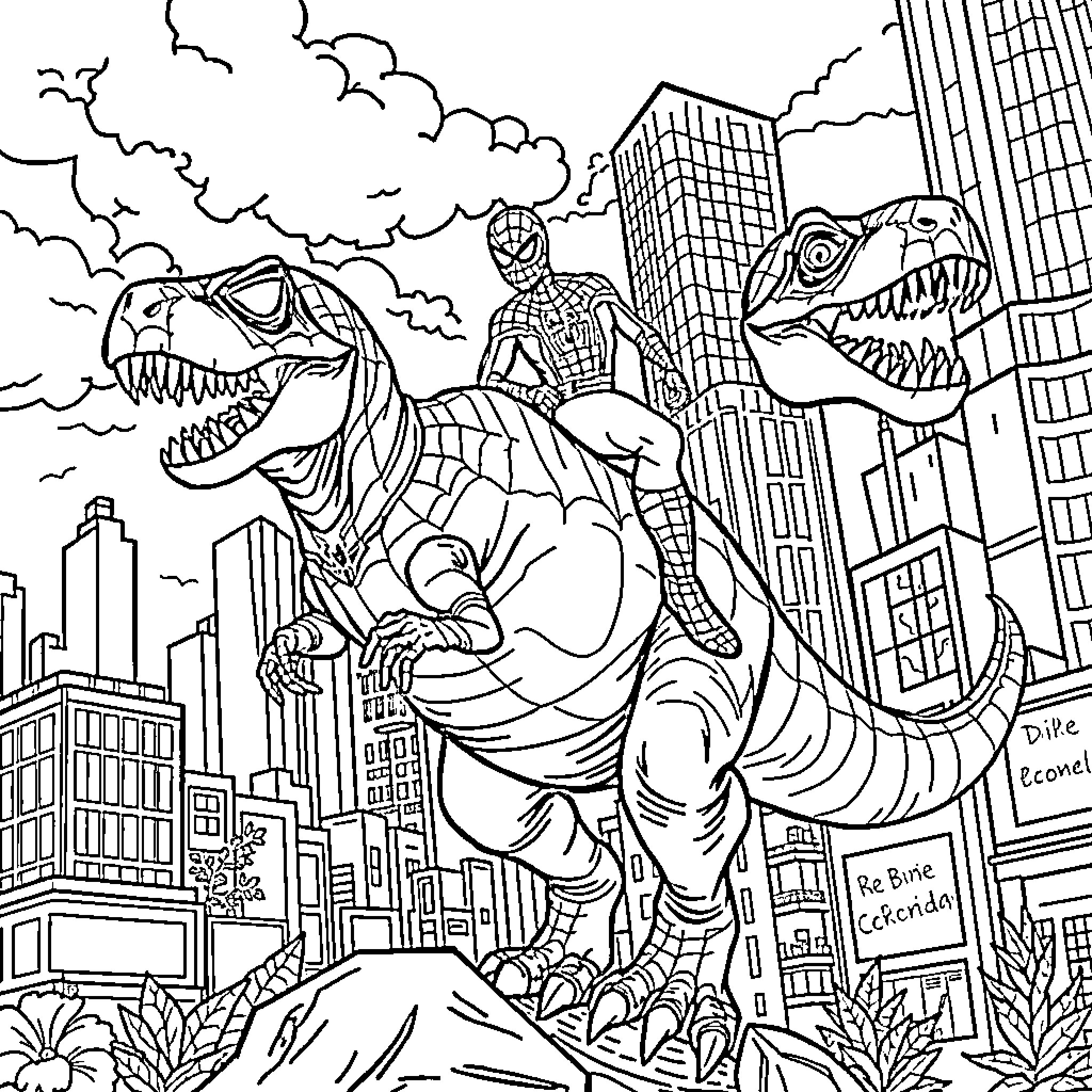 Spiderman battles dinosaurs in the city Coloring Page (free black-and-white line drawing printable PDF for all, from beginners to advanced learners, including children, teens, adults, and seniors)
