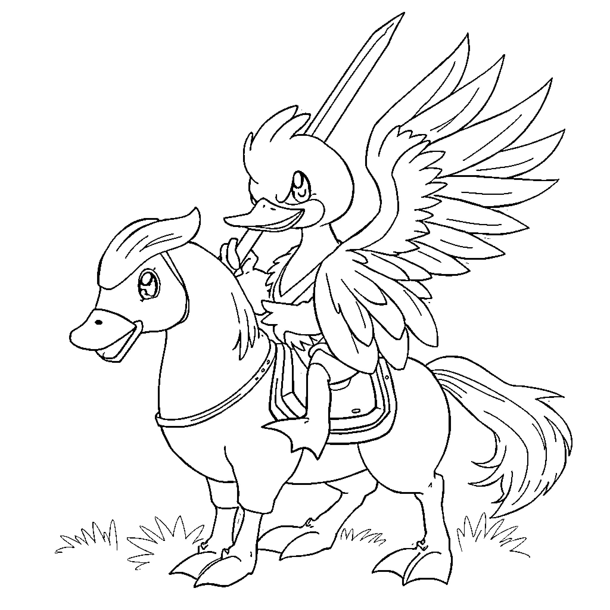 Psyduck riding a winged pony in the meadow Coloring Page (free black-and-white line drawing printable PDF for all, from beginners to advanced learners, including children, teens, adults, and seniors)