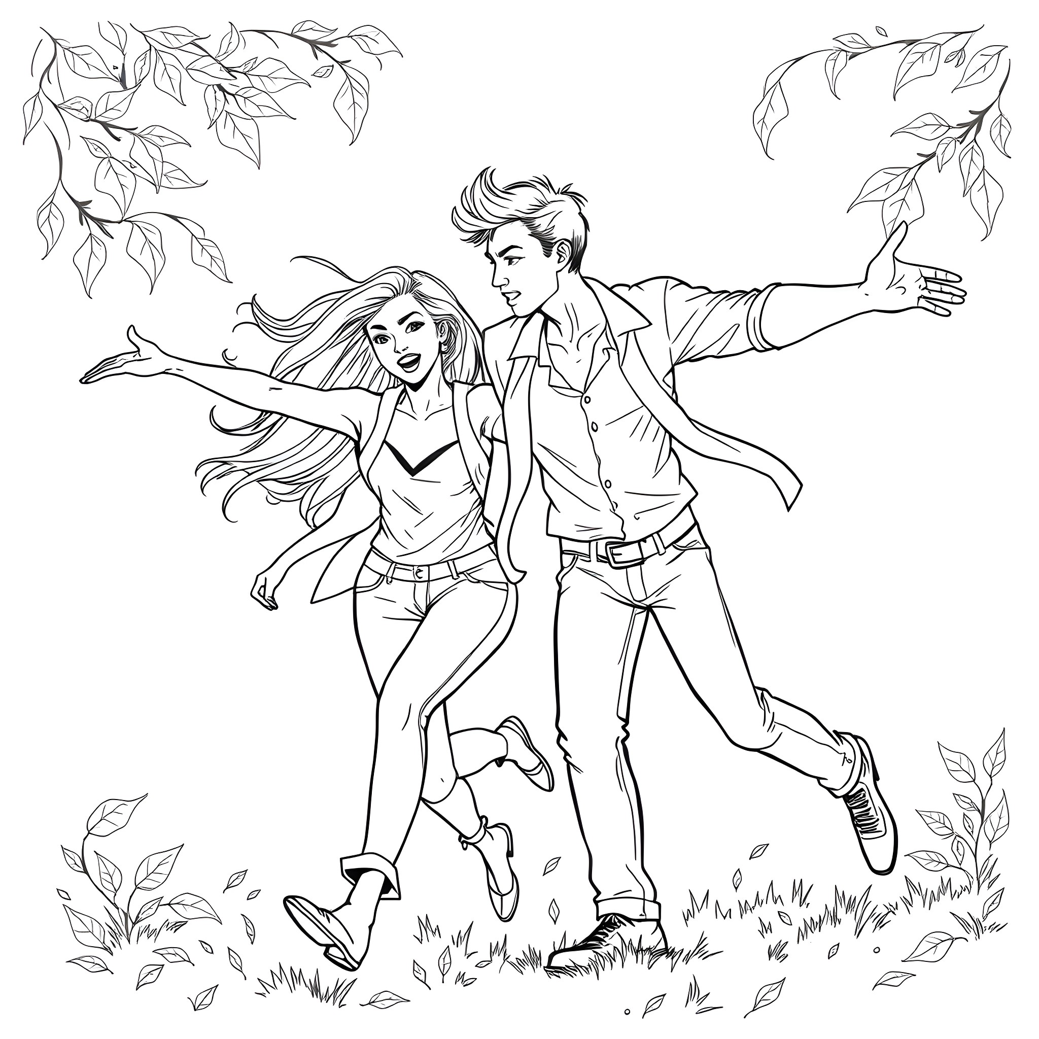 Woman and man embrace joyfully in a natural setting Coloring Page (free black-and-white line drawing printable PDF for all, from beginners to advanced learners, including children, teens, adults, and seniors)