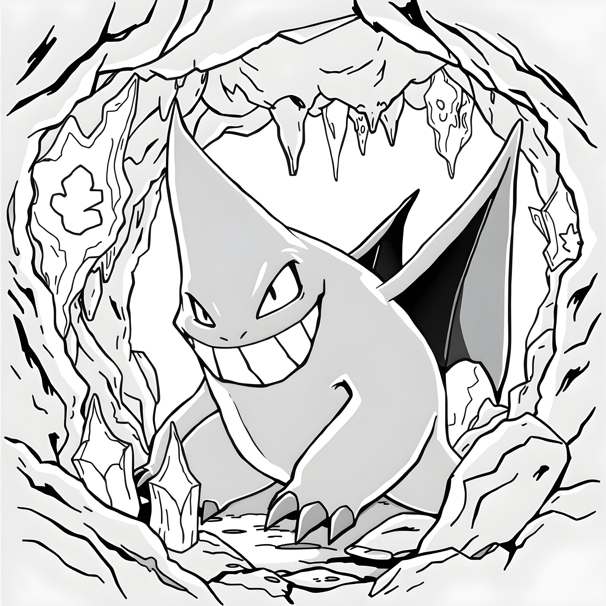 Gengar lurking in the spooky cave Coloring Page (free black-and-white line drawing printable PDF for all, from beginners to advanced learners, including children, teens, adults, and seniors)