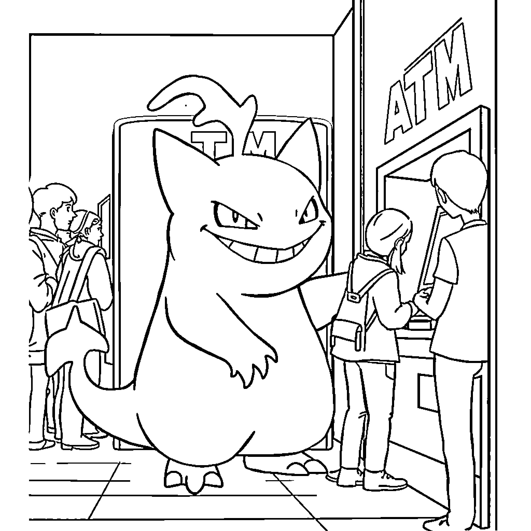 Gengar grinning at fans in front of ATM Coloring Page (free black-and-white line drawing printable PDF for all, from beginners to advanced learners, including children, teens, adults, and seniors)