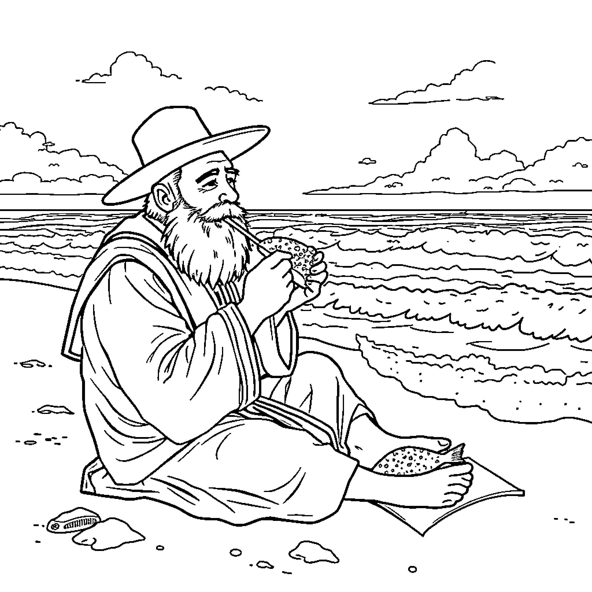 Rabbi meditating peacefully by the sea Coloring Page (free black-and-white line drawing printable PDF for all, from beginners to advanced learners, including children, teens, adults, and seniors)