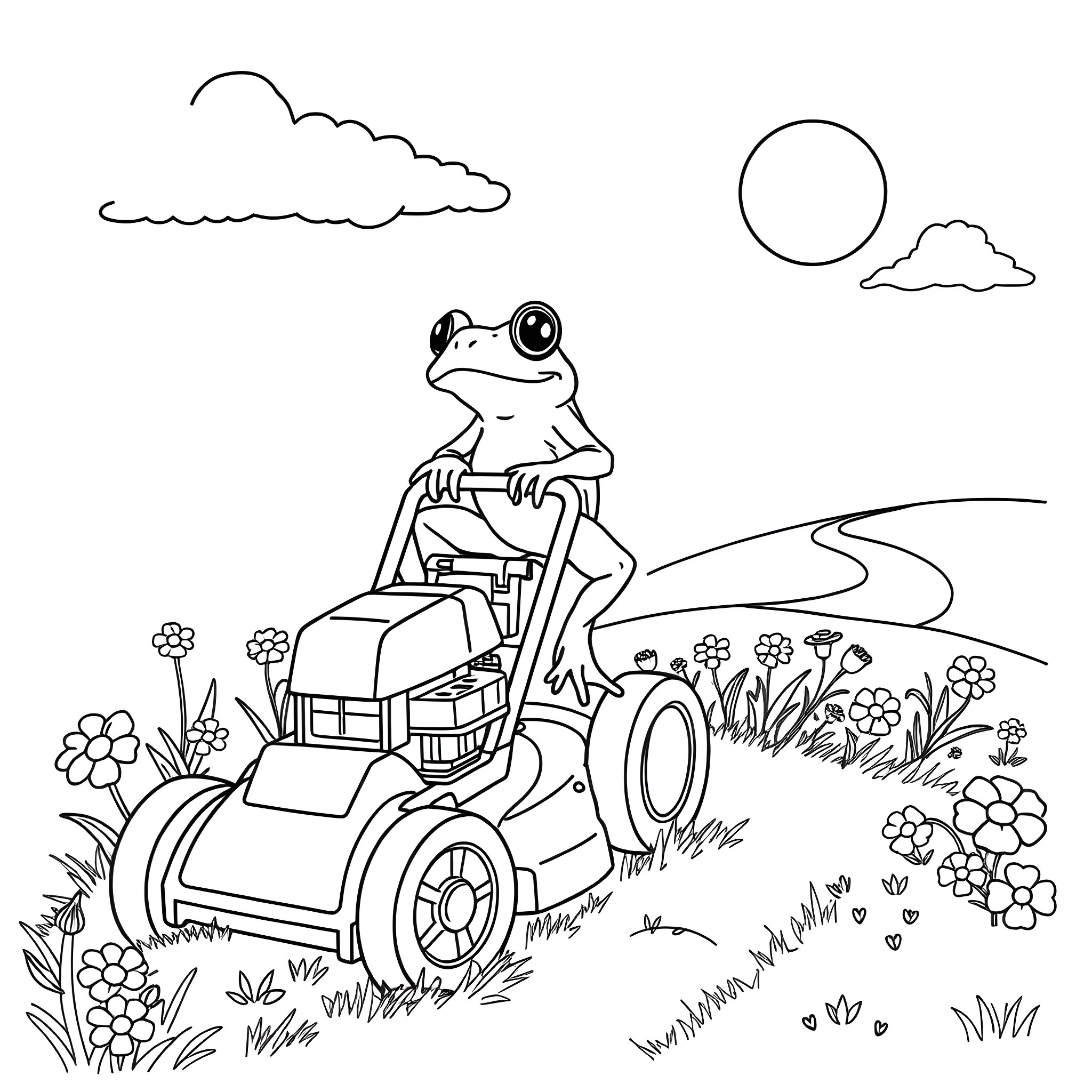 Frog riding a lawn mower in the garden Coloring Page (free black-and-white line drawing printable PDF for all, from beginners to advanced learners, including children, teens, adults, and seniors)