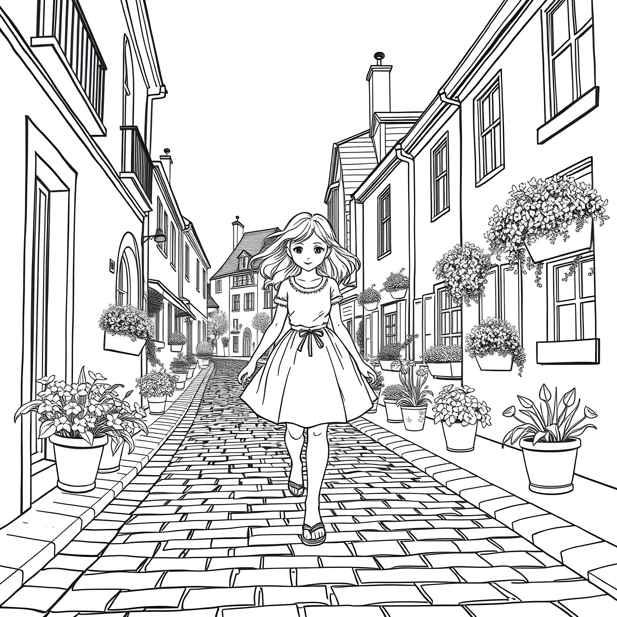 Girl explores quaint town with charming buildings Coloring Page (free black-and-white line drawing printable PDF for all, from beginners to advanced learners, including children, teens, adults, and seniors)