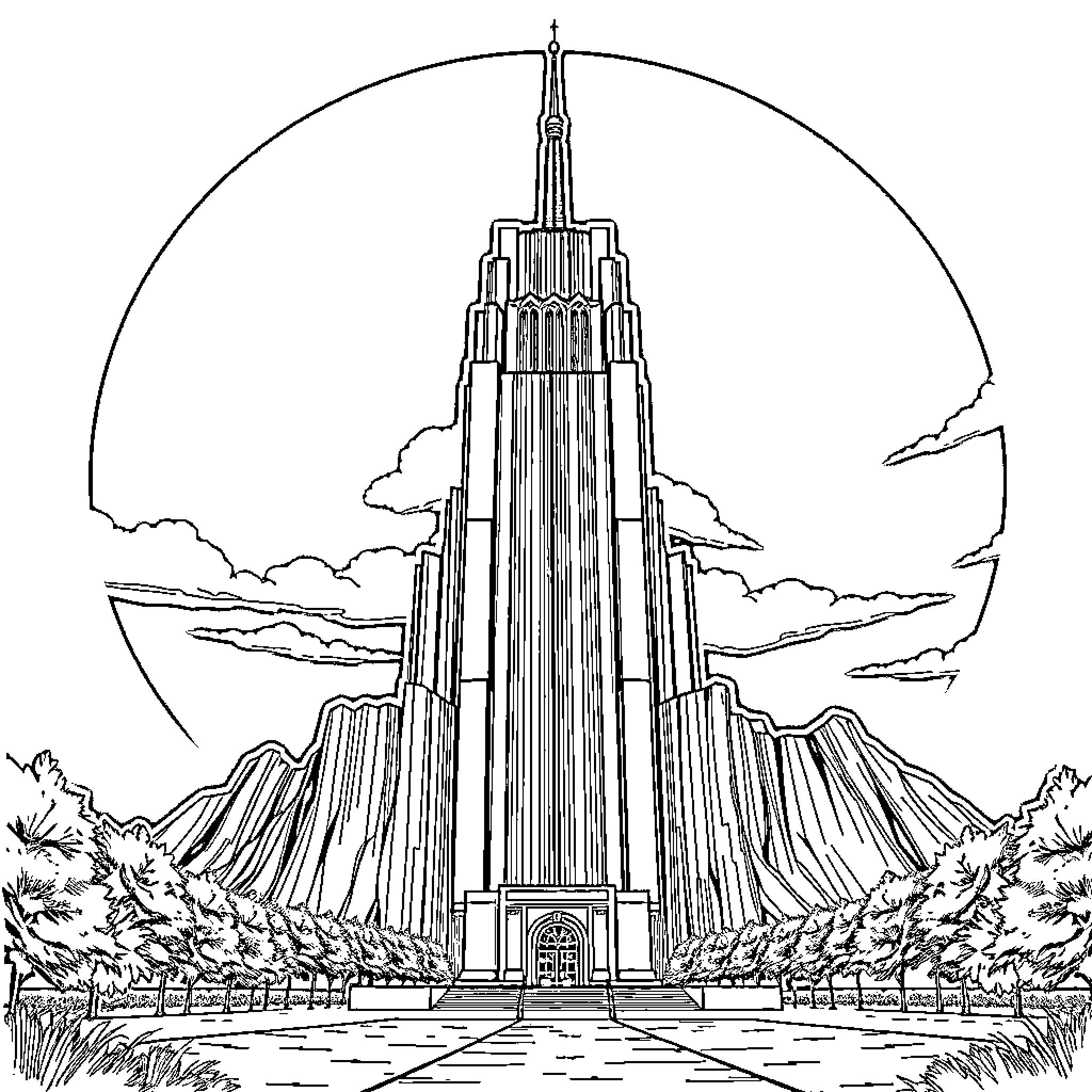 Big Towering Temple in Scenic Landscape Coloring Page (free black-and-white line drawing printable PDF for all, from beginners to advanced learners, including children, teens, adults, and seniors)