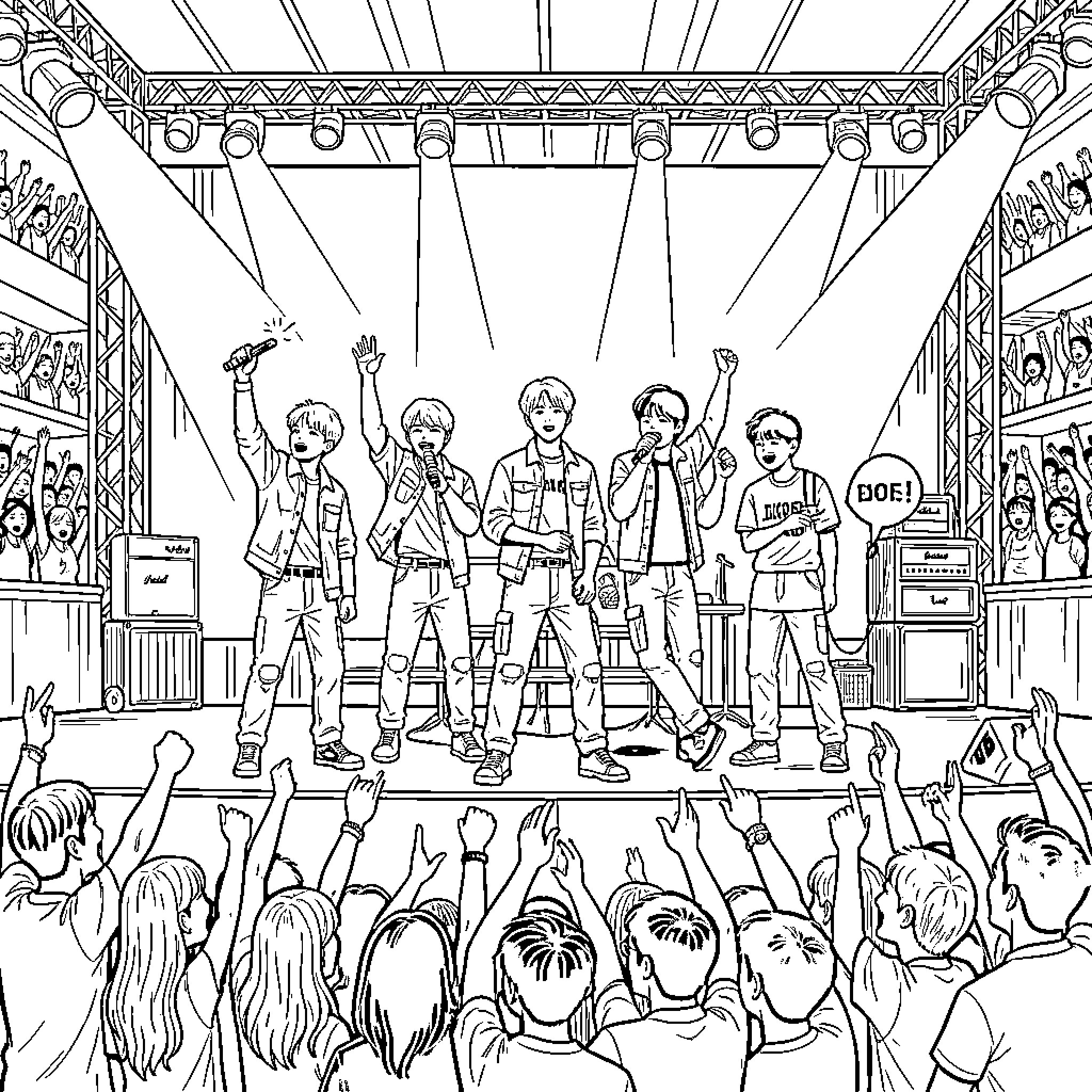 BTS Performing on Stage with Excited Fans Coloring Page (free black-and-white line drawing printable PDF for all, from beginners to advanced learners, including children, teens, adults, and seniors)