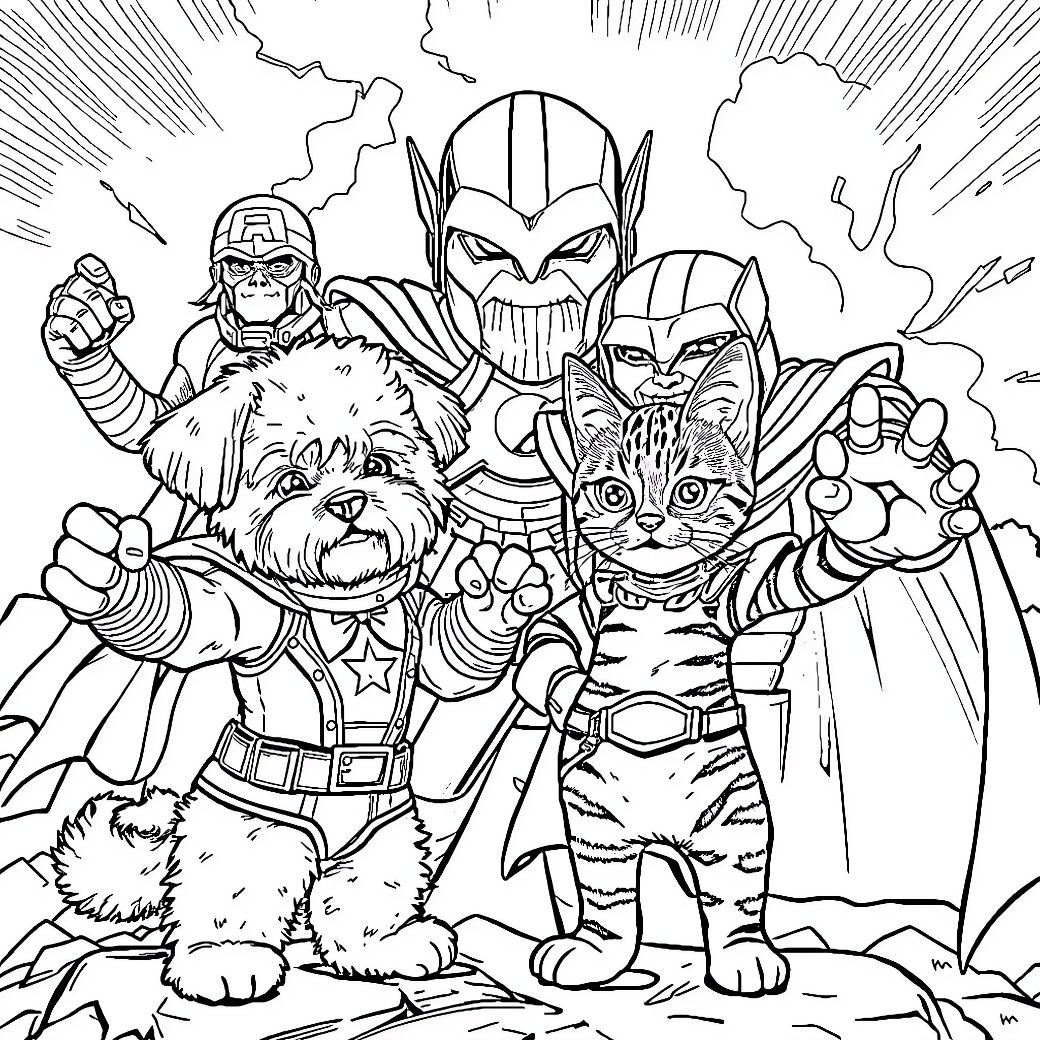 Bichon Frise Superheroes Saving the Day Coloring Page (free black-and-white line drawing printable PDF for all, from beginners to advanced learners, including children, teens, adults, and seniors)