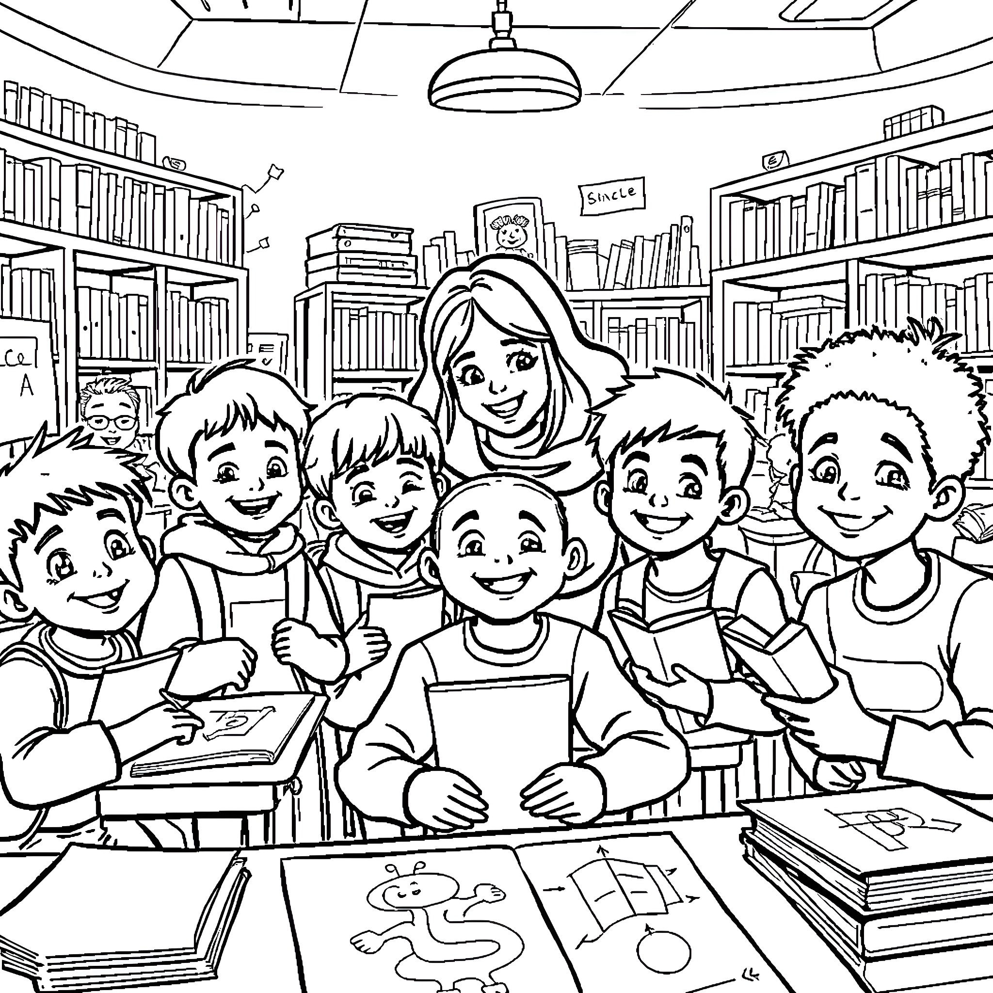 Enfant joyeux dans la bibliothèque Coloring Page (free black-and-white line drawing printable PDF for all, from beginners to advanced learners, including children, teens, adults, and seniors)