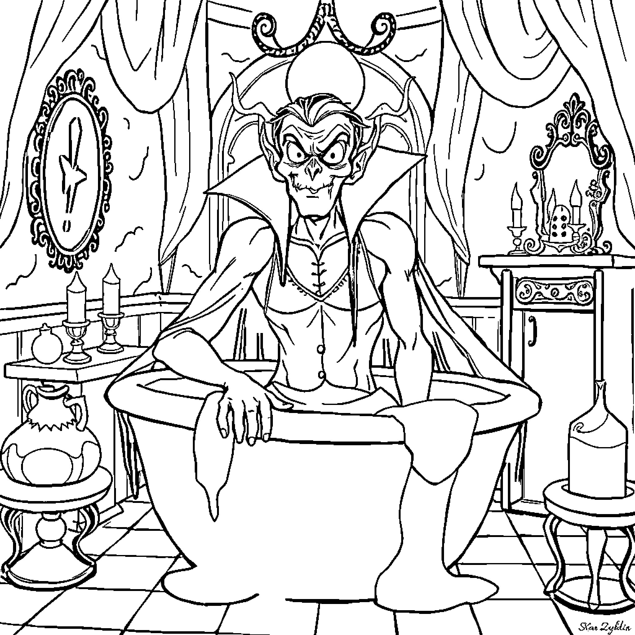 Vampire lounging in his ornate chamber Coloring Page (free black-and-white line drawing printable PDF for all, from beginners to advanced learners, including children, teens, adults, and seniors)