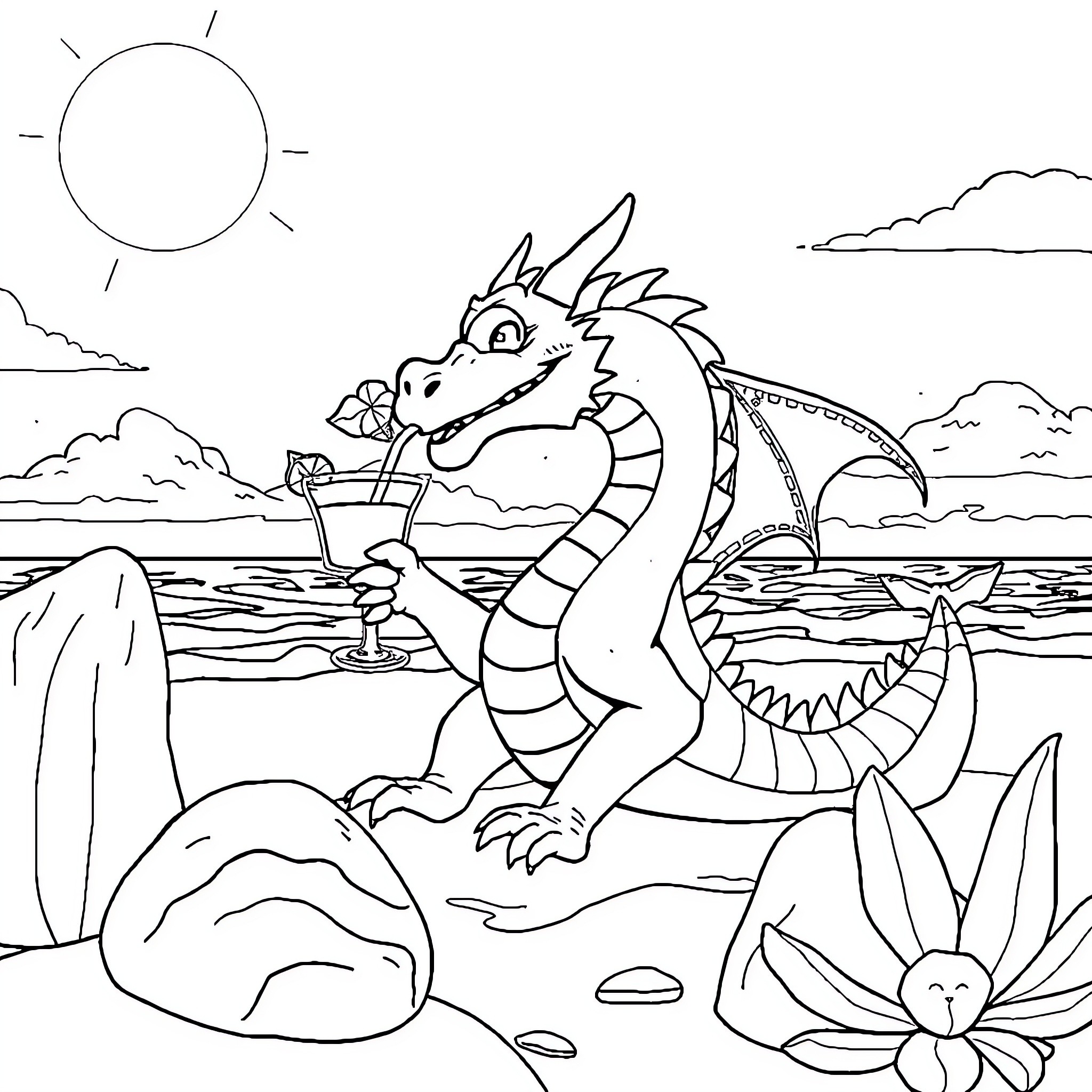 Dracofeu enjoying a tropical cocktail by the beach Coloring Page (free black-and-white line drawing printable PDF for all, from beginners to advanced learners, including children, teens, adults, and seniors)