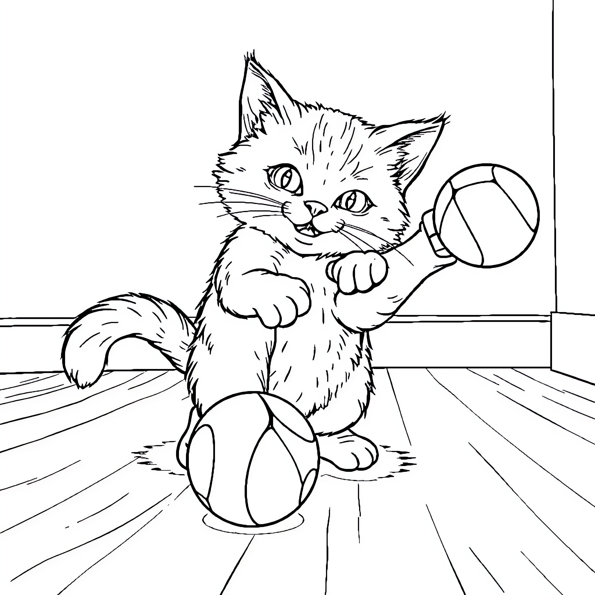 Cat playing with volleyball in room Coloring Page (free black-and-white line drawing printable PDF for all, from beginners to advanced learners, including children, teens, adults, and seniors)