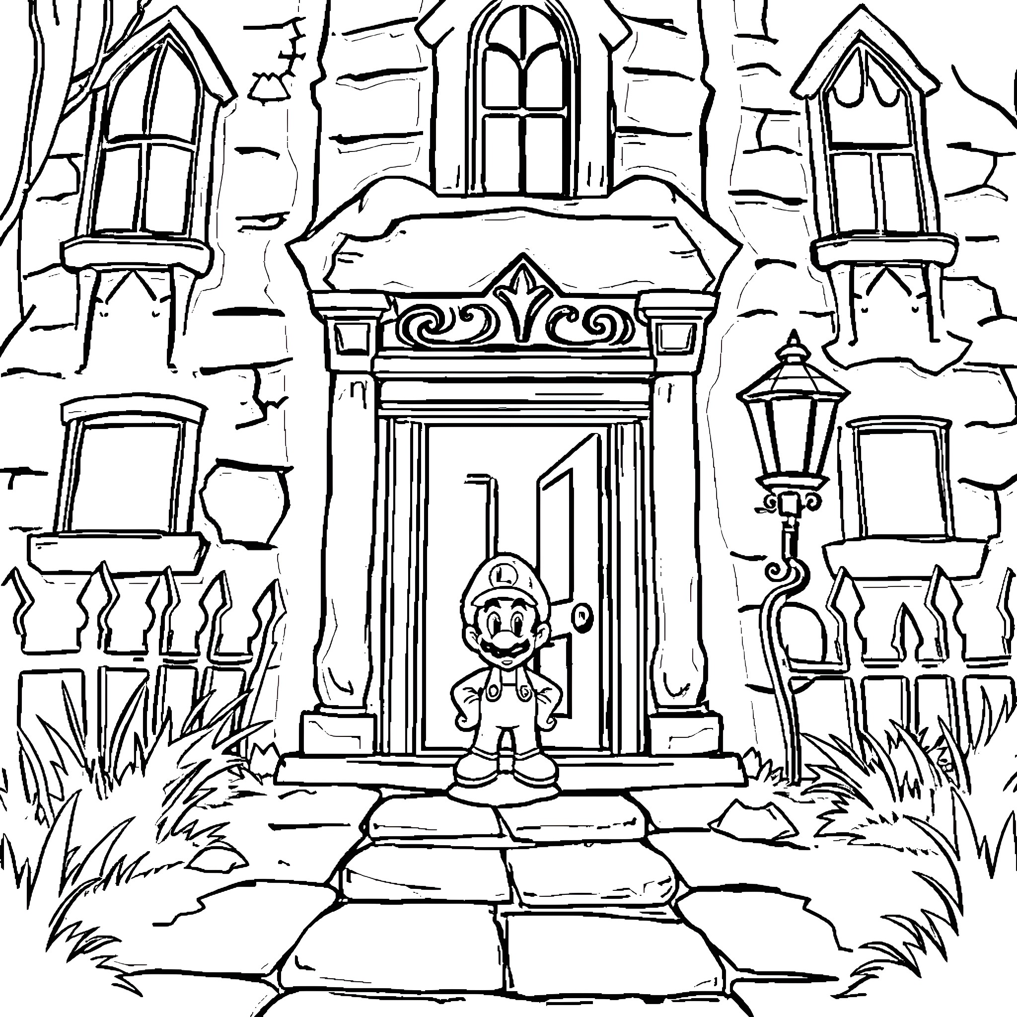 Luigi exploring an ornate castle entrance Coloring Page (free black-and-white line drawing printable PDF for all, from beginners to advanced learners, including children, teens, adults, and seniors)