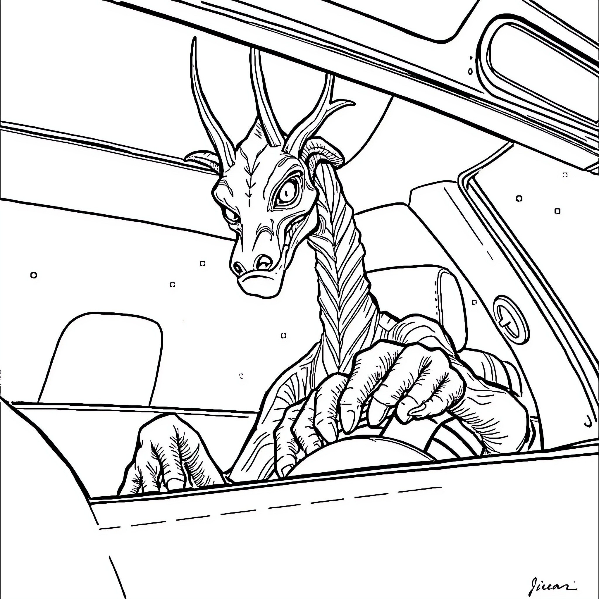 Sirenhead driving a mysterious vehicle Coloring Page (free black-and-white line drawing printable PDF for all, from beginners to advanced learners, including children, teens, adults, and seniors)