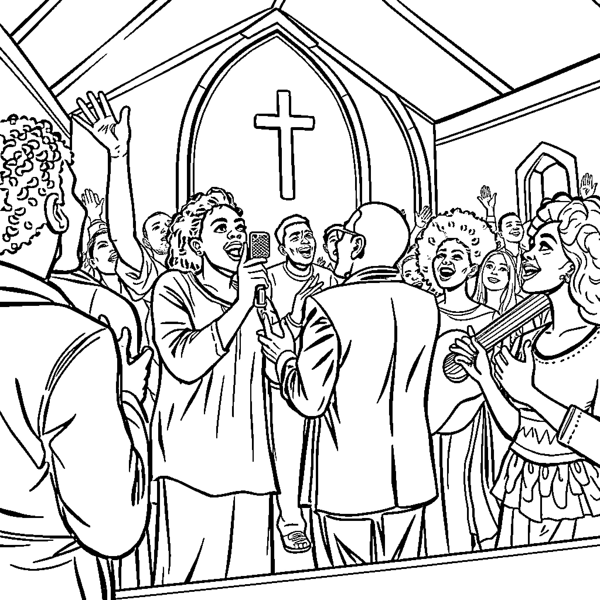 Church Congregation Singing and Worshiping Together Coloring Page (free black-and-white line drawing printable PDF for all, from beginners to advanced learners, including children, teens, adults, and seniors)