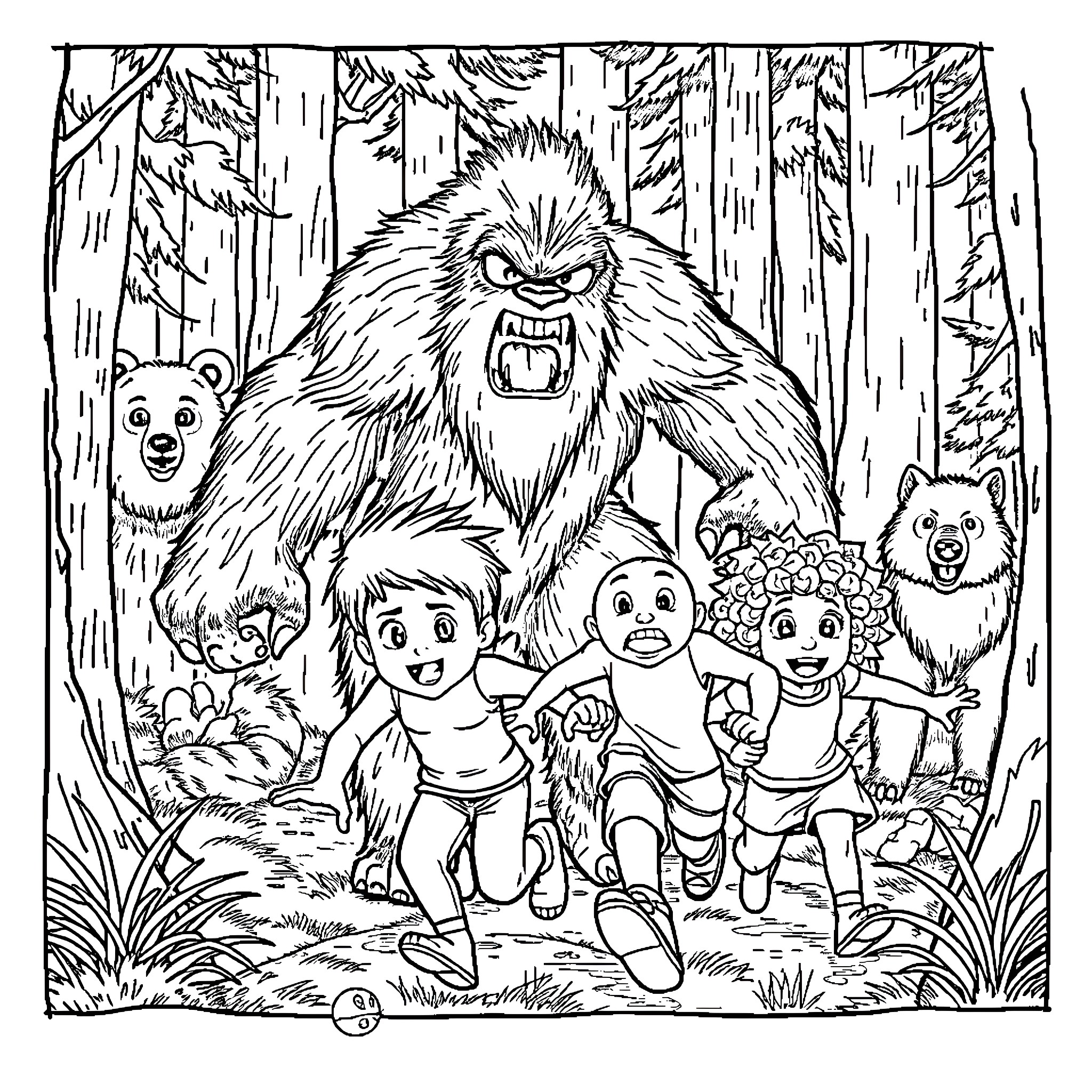Bigfoot scares children in the forest Coloring Page (free black-and-white line drawing printable PDF for all, from beginners to advanced learners, including children, teens, adults, and seniors)