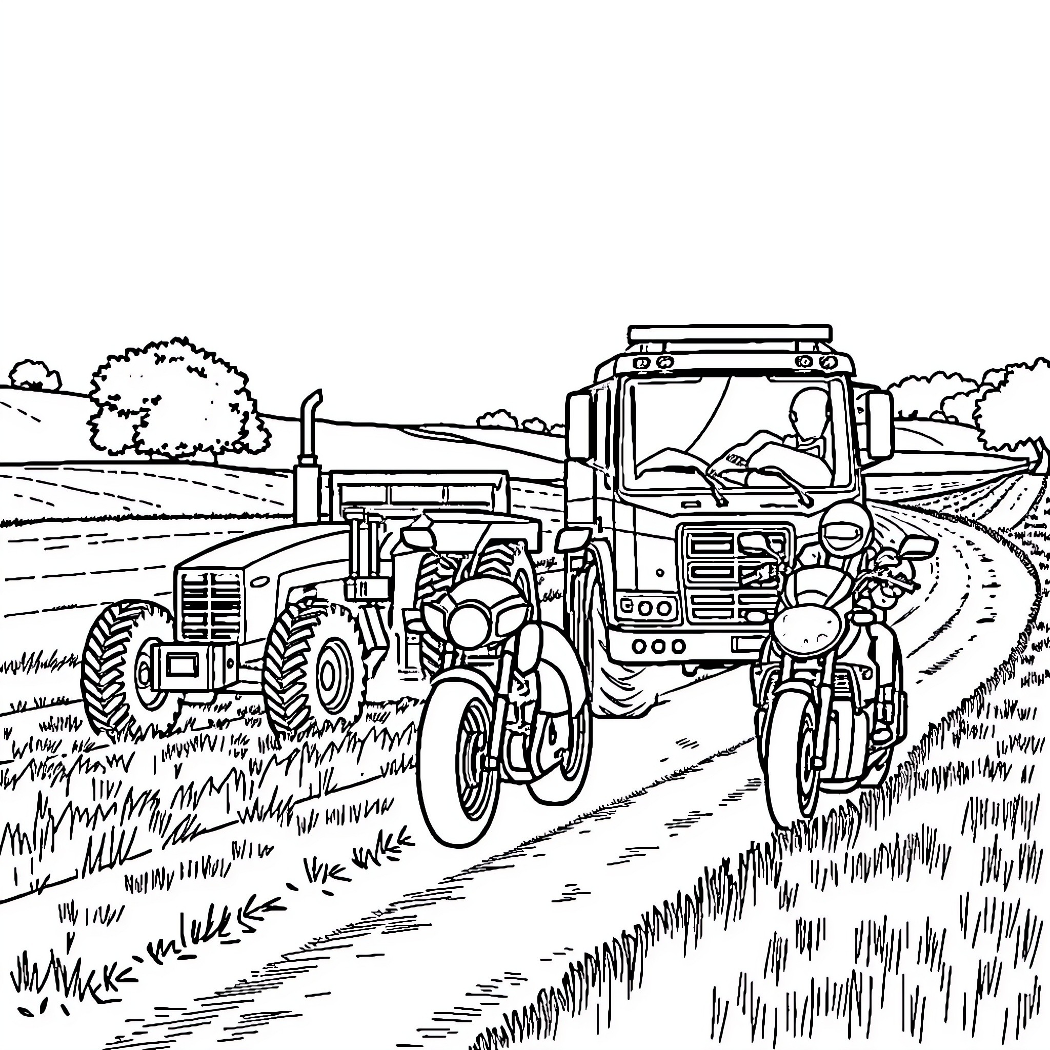 Tractor transporting goods along the countryside Coloring Page (free black-and-white line drawing printable PDF for all, from beginners to advanced learners, including children, teens, adults, and seniors)