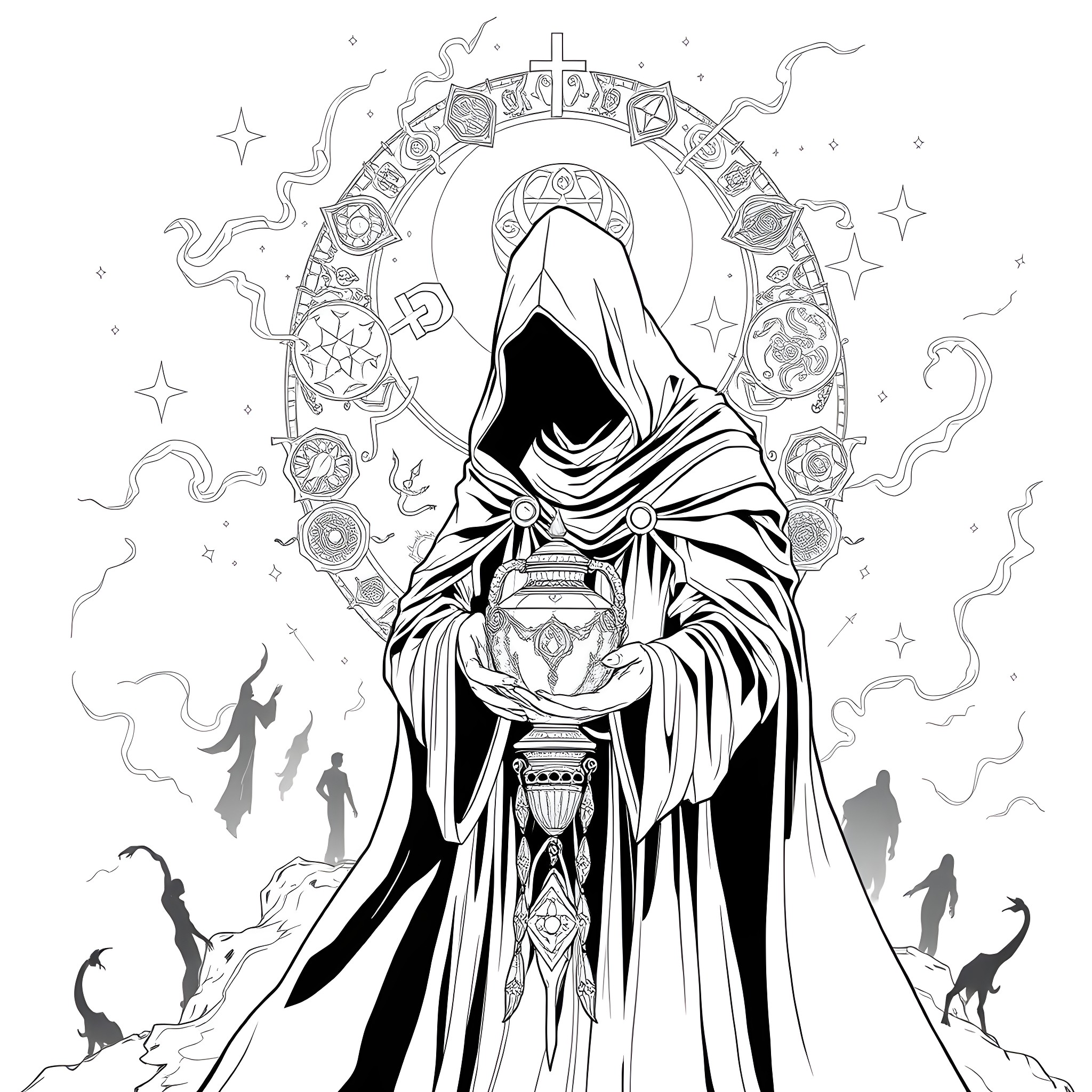 Vessel of Mystical Rituals and Symbolism Coloring Page (free black-and-white line drawing printable PDF for all, from beginners to advanced learners, including children, teens, adults, and seniors)