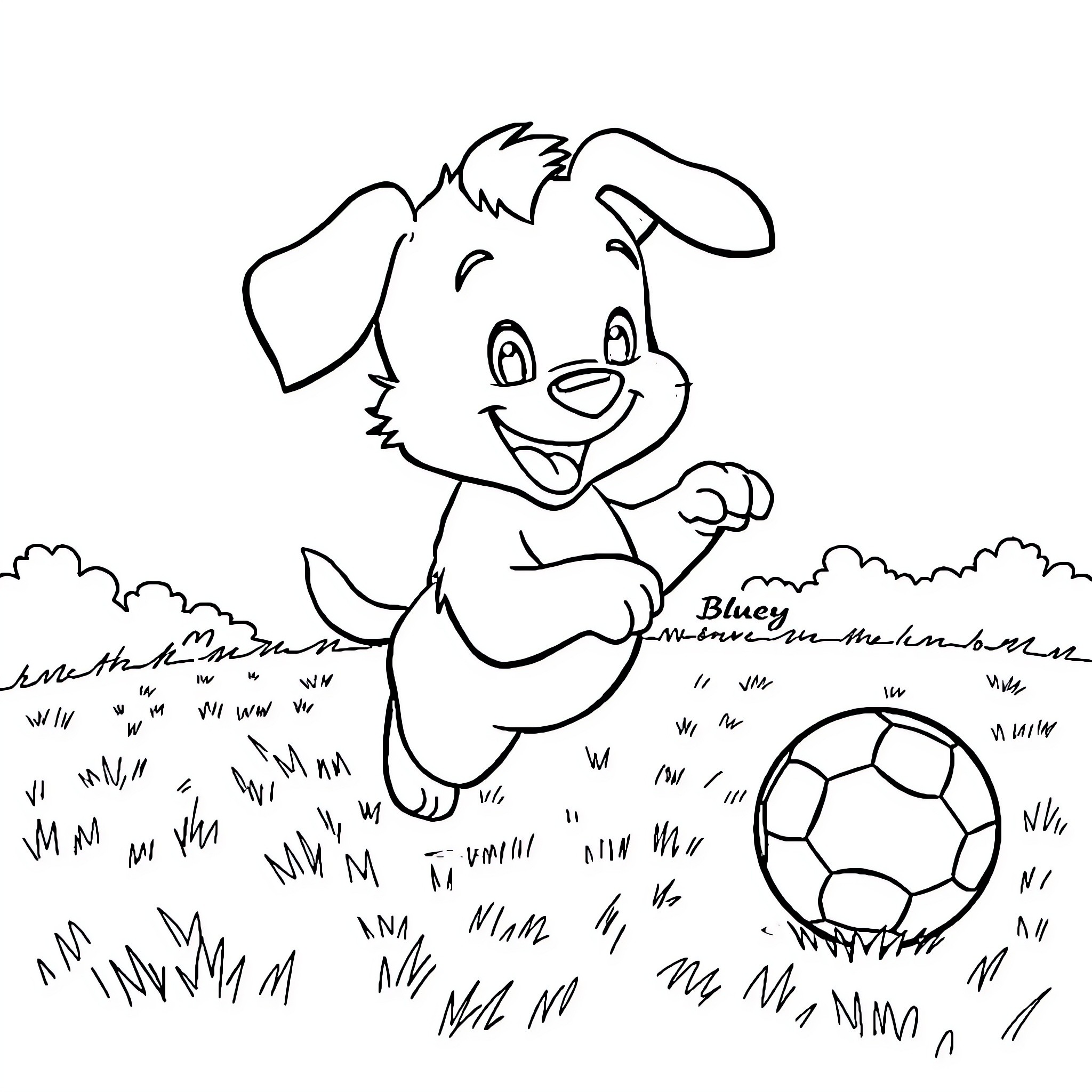 Bluey Playing Happily with Ball in Grass Coloring Page (free black-and-white line drawing printable PDF for all, from beginners to advanced learners, including children, teens, adults, and seniors)