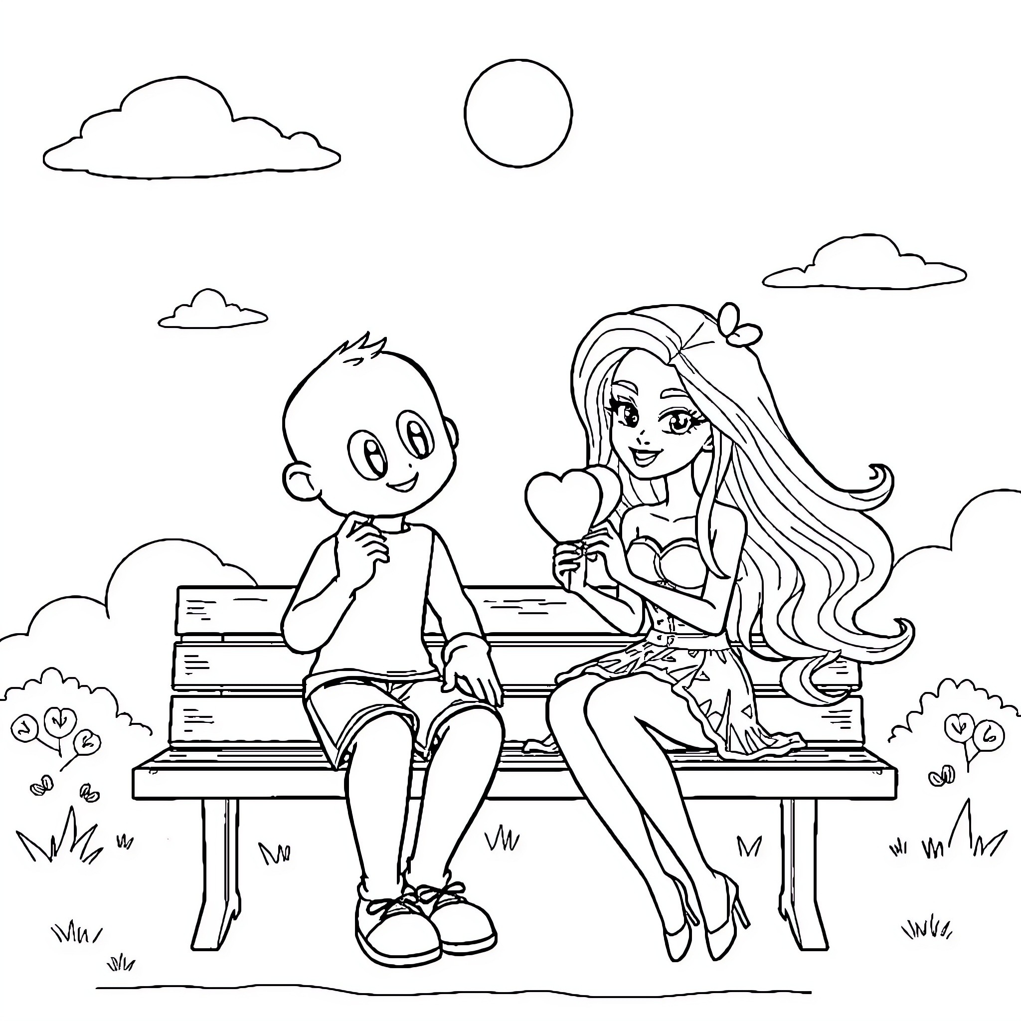Bluey enjoying a day with a new friend on a park bench Coloring Page (free black-and-white line drawing printable PDF for all, from beginners to advanced learners, including children, teens, adults, and seniors)