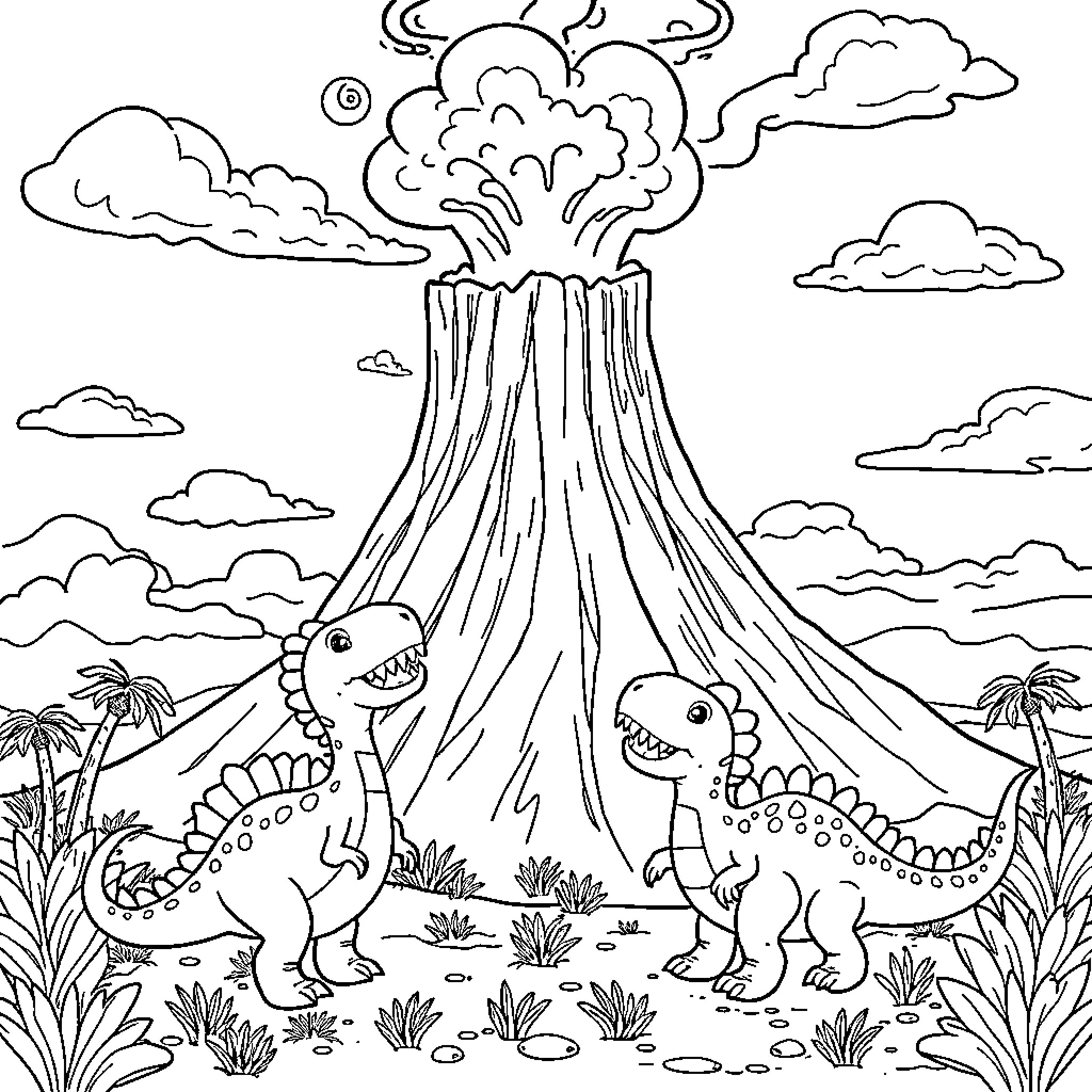 Dinosaurs enjoying volcanic eruption in prehistoric landscape Coloring Page (free black-and-white line drawing printable PDF for all, from beginners to advanced learners, including children, teens, adults, and seniors)