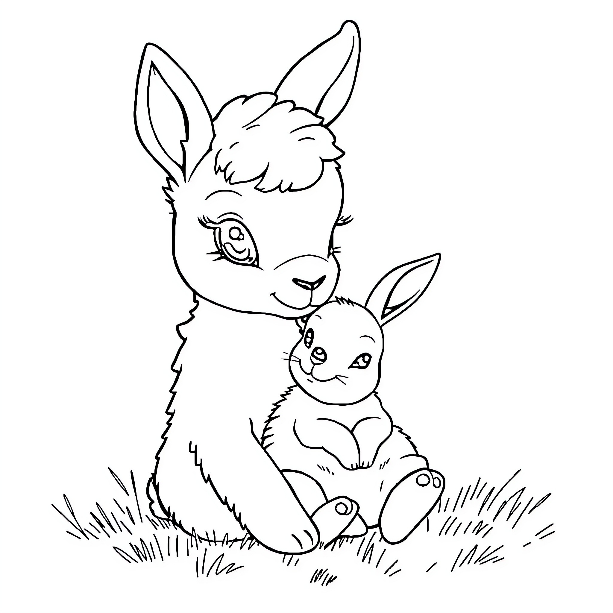 Rabbit with baby rabbit resting in the grass Coloring Page (free black-and-white line drawing printable PDF for all, from beginners to advanced learners, including children, teens, adults, and seniors)