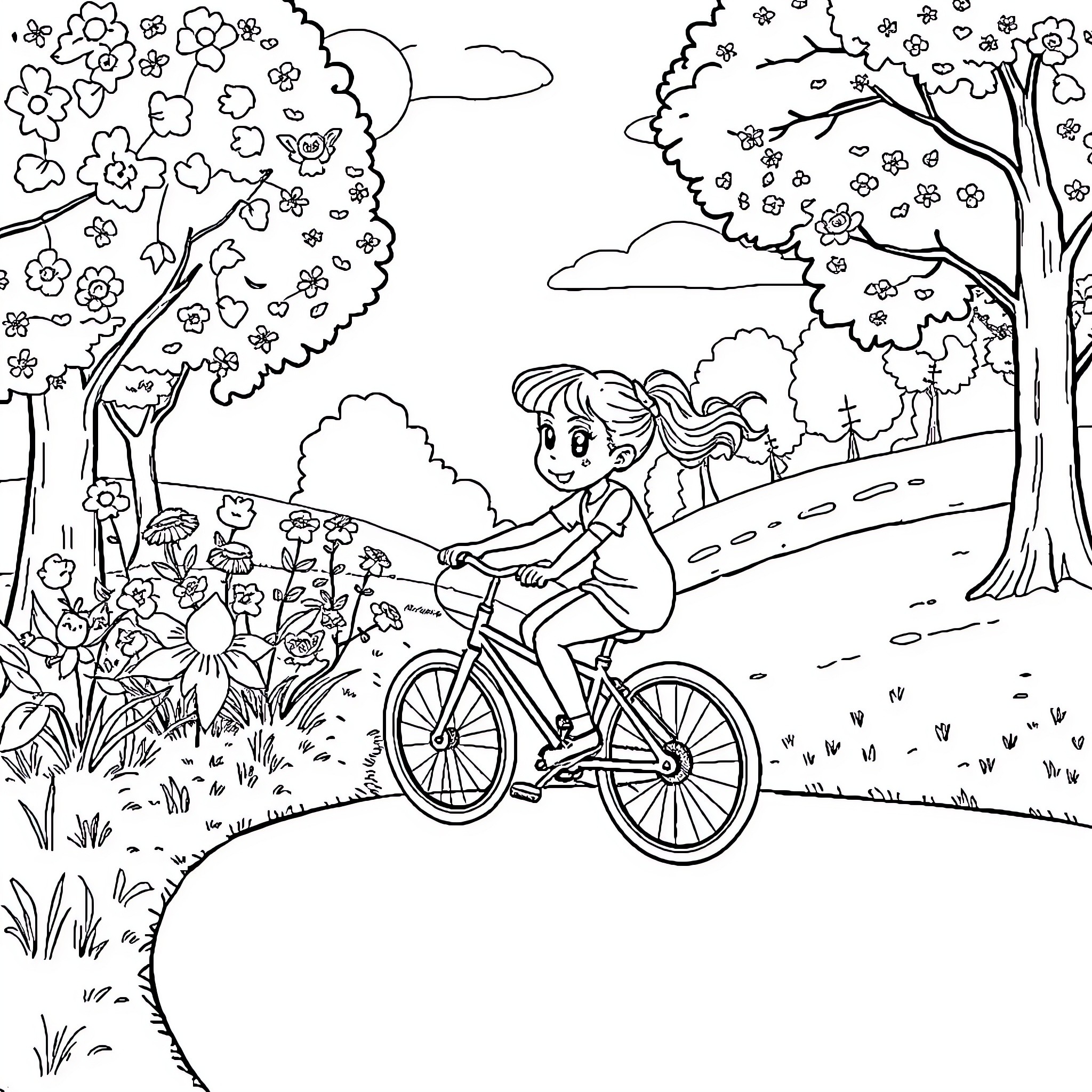 Gabby's Joyful Bike Ride Through Blooming Nature Coloring Page (free black-and-white line drawing printable PDF for all, from beginners to advanced learners, including children, teens, adults, and seniors)