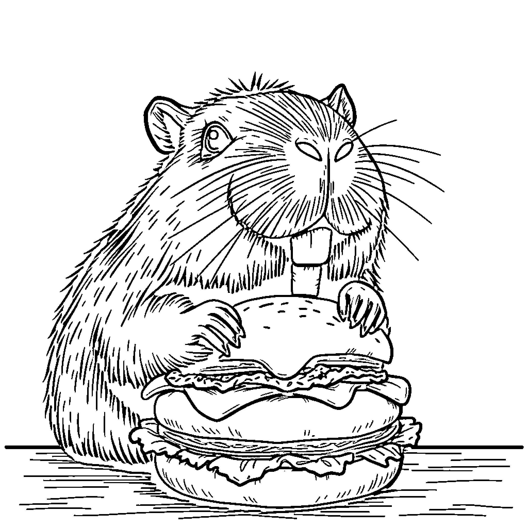 Capybara enjoying a tasty snack Coloring Page (free black-and-white line drawing printable PDF for all, from beginners to advanced learners, including children, teens, adults, and seniors)