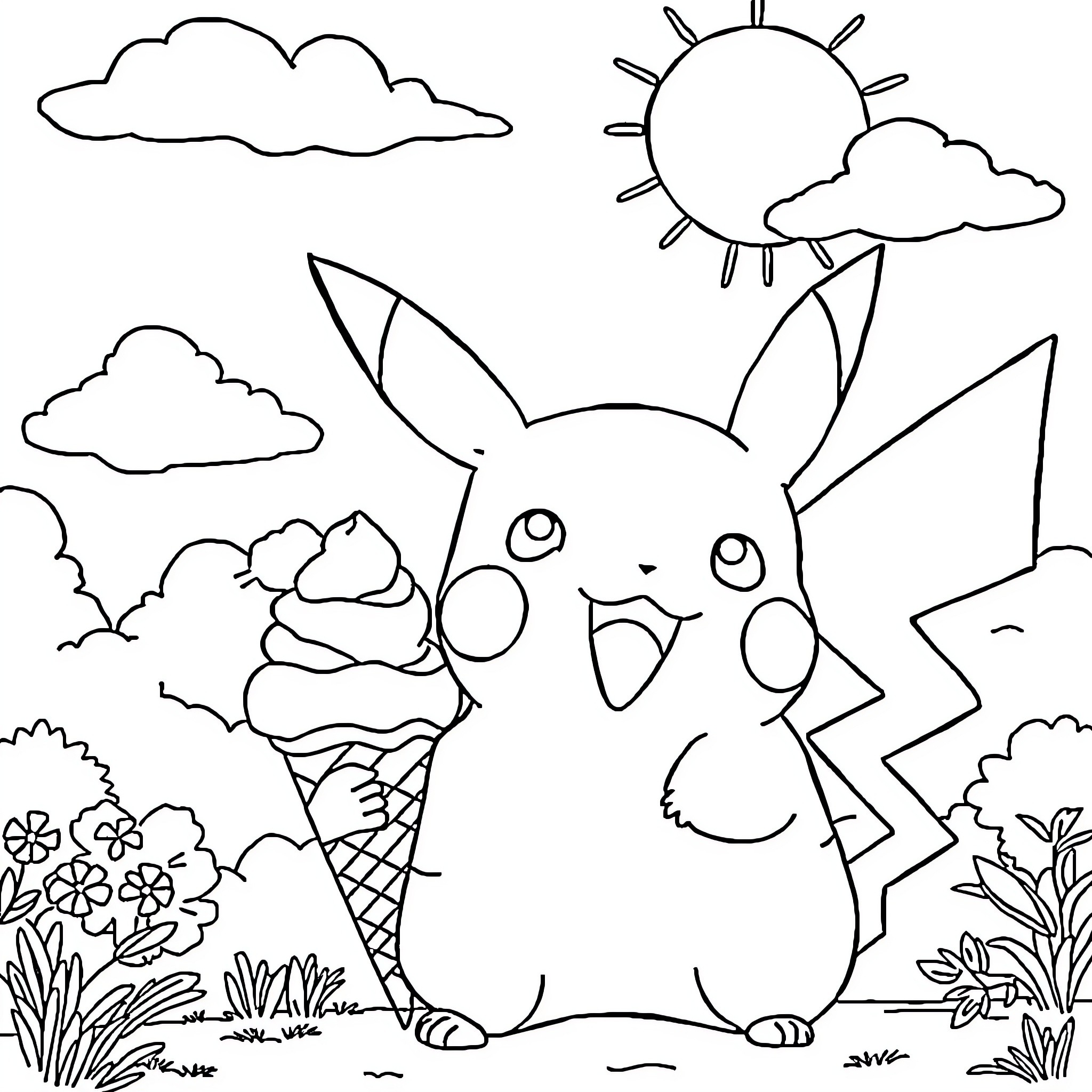 Pikachu enjoying an ice cream cone in a sunny field Coloring Page (free black-and-white line drawing printable PDF for all, from beginners to advanced learners, including children, teens, adults, and seniors)