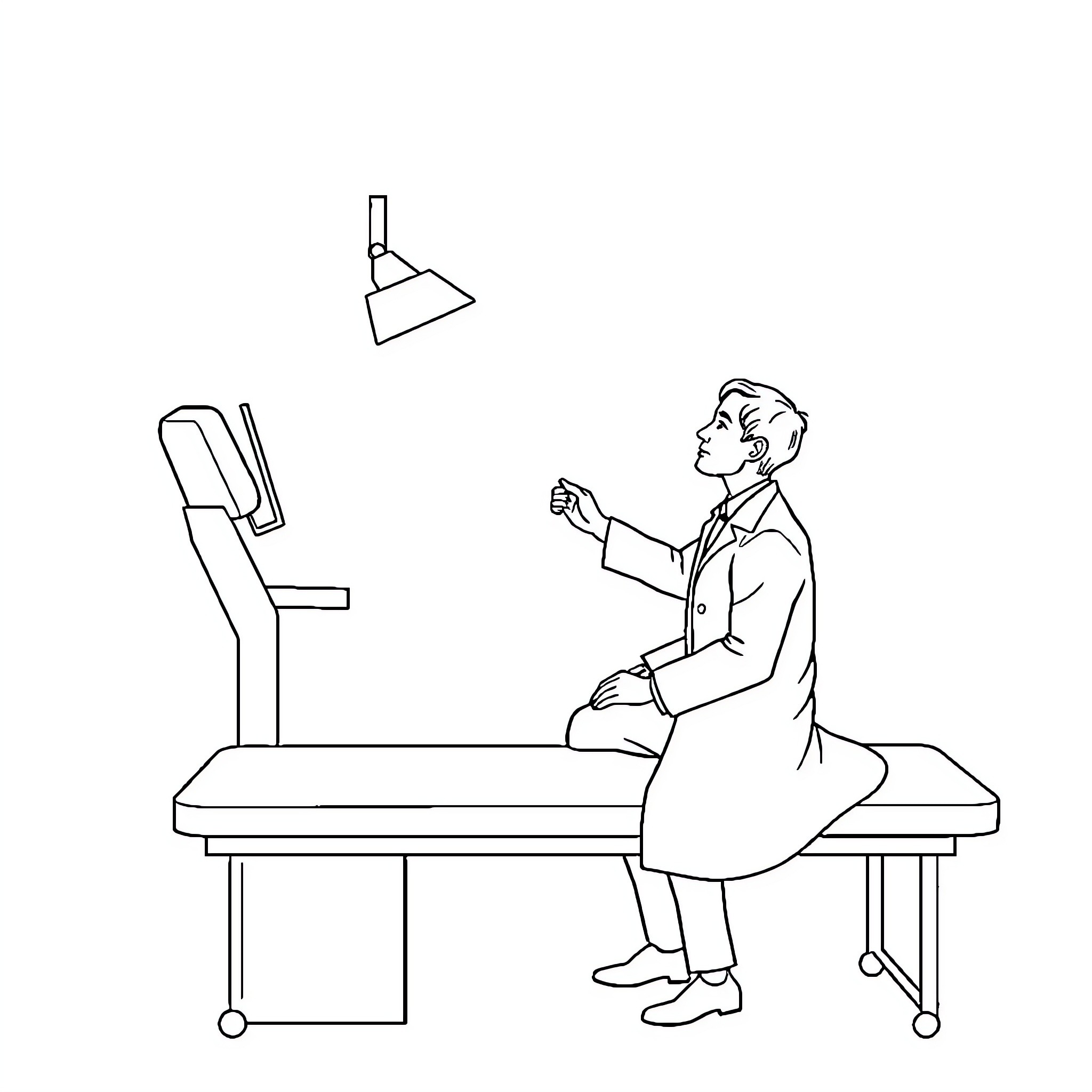 Doctor examining patient in medical examination Coloring Page (free black-and-white line drawing printable PDF for all, from beginners to advanced learners, including children, teens, adults, and seniors)