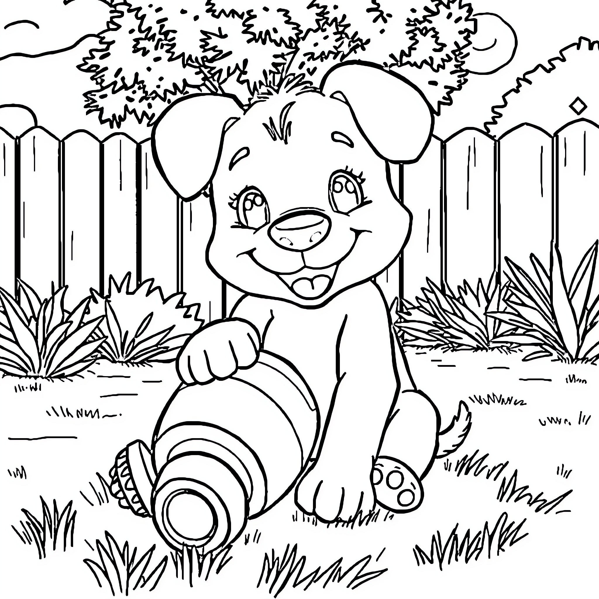 Bluey playing happily in the backyard Coloring Page (free black-and-white line drawing printable PDF for all, from beginners to advanced learners, including children, teens, adults, and seniors)