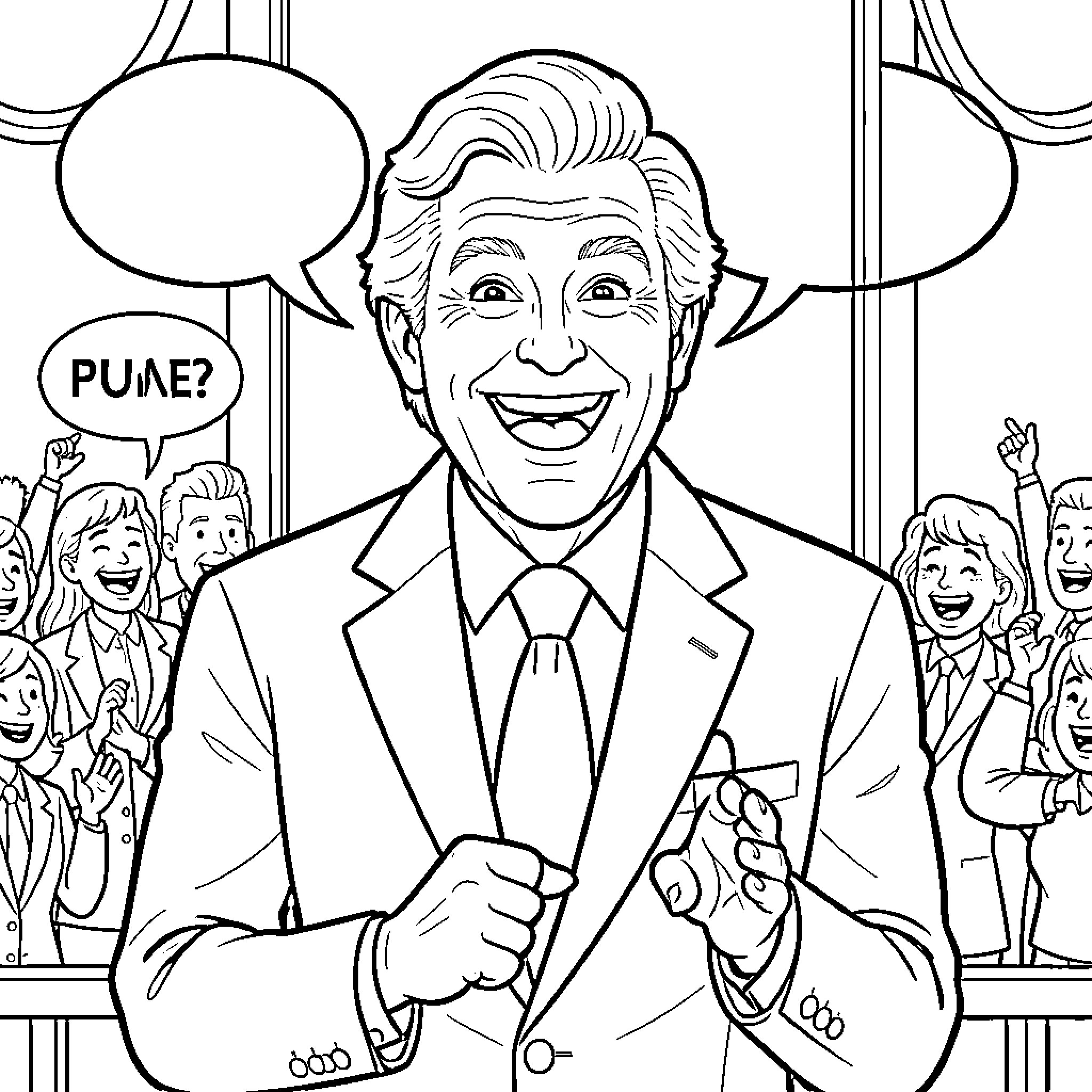 Bob Barker smiling broadly in a suit on stage Coloring Page (free black-and-white line drawing printable PDF for all, from beginners to advanced learners, including children, teens, adults, and seniors)
