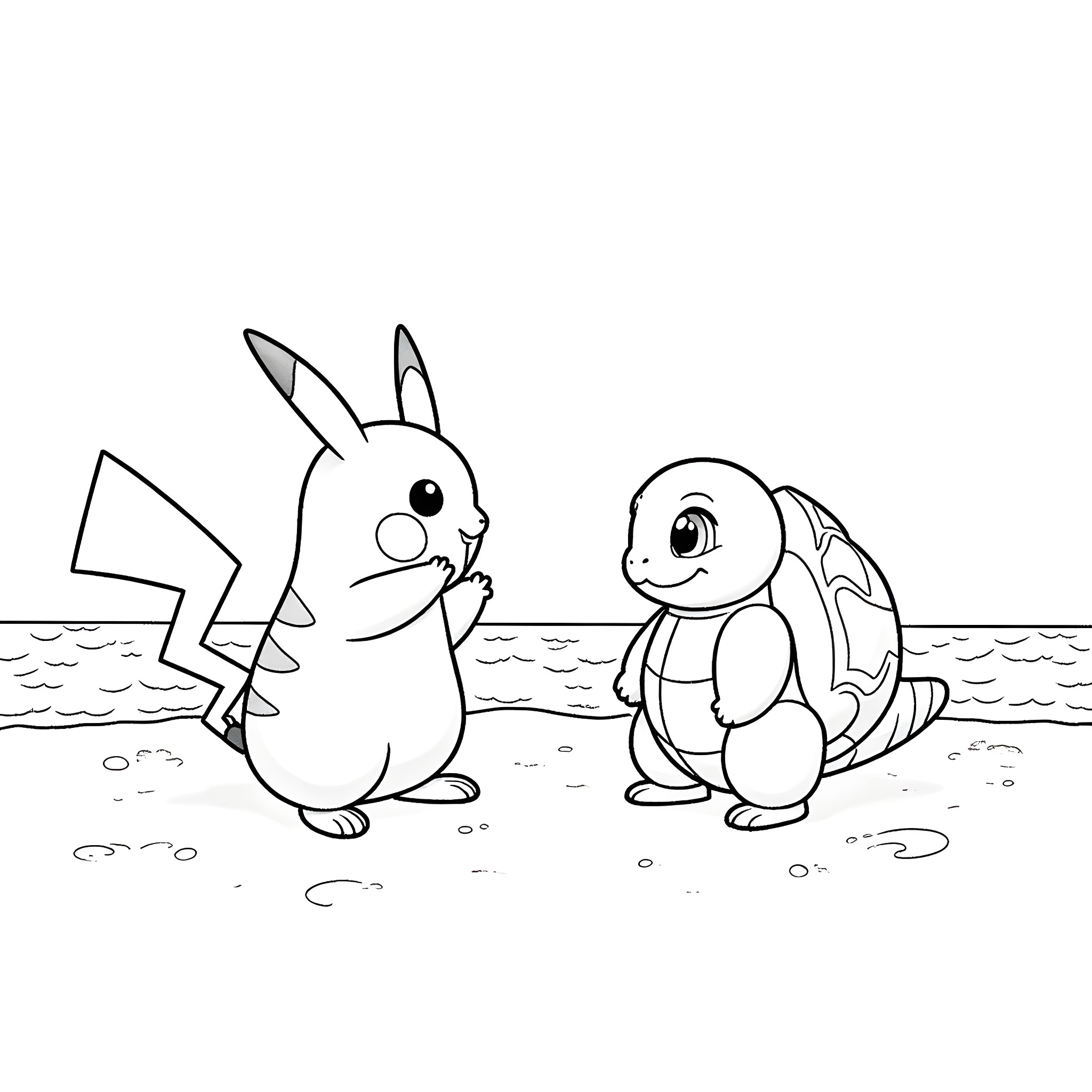 Pikachu and Squirtle playing on the beach Coloring Page (free black-and-white line drawing printable PDF for all, from beginners to advanced learners, including children, teens, adults, and seniors)