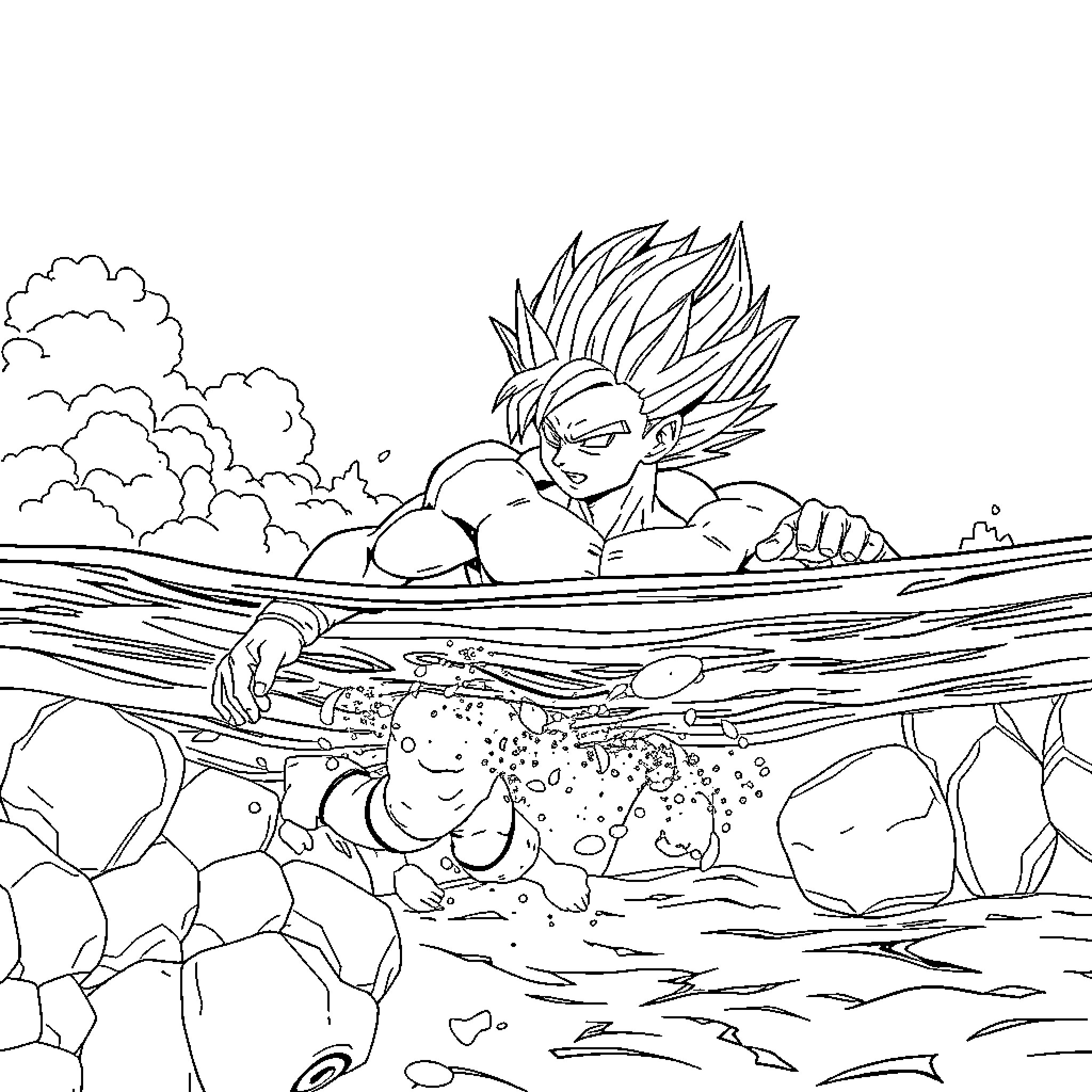 Super Saiyan Blue warrior stands above a raging river Coloring Page (free black-and-white line drawing printable PDF for all, from beginners to advanced learners, including children, teens, adults, and seniors)